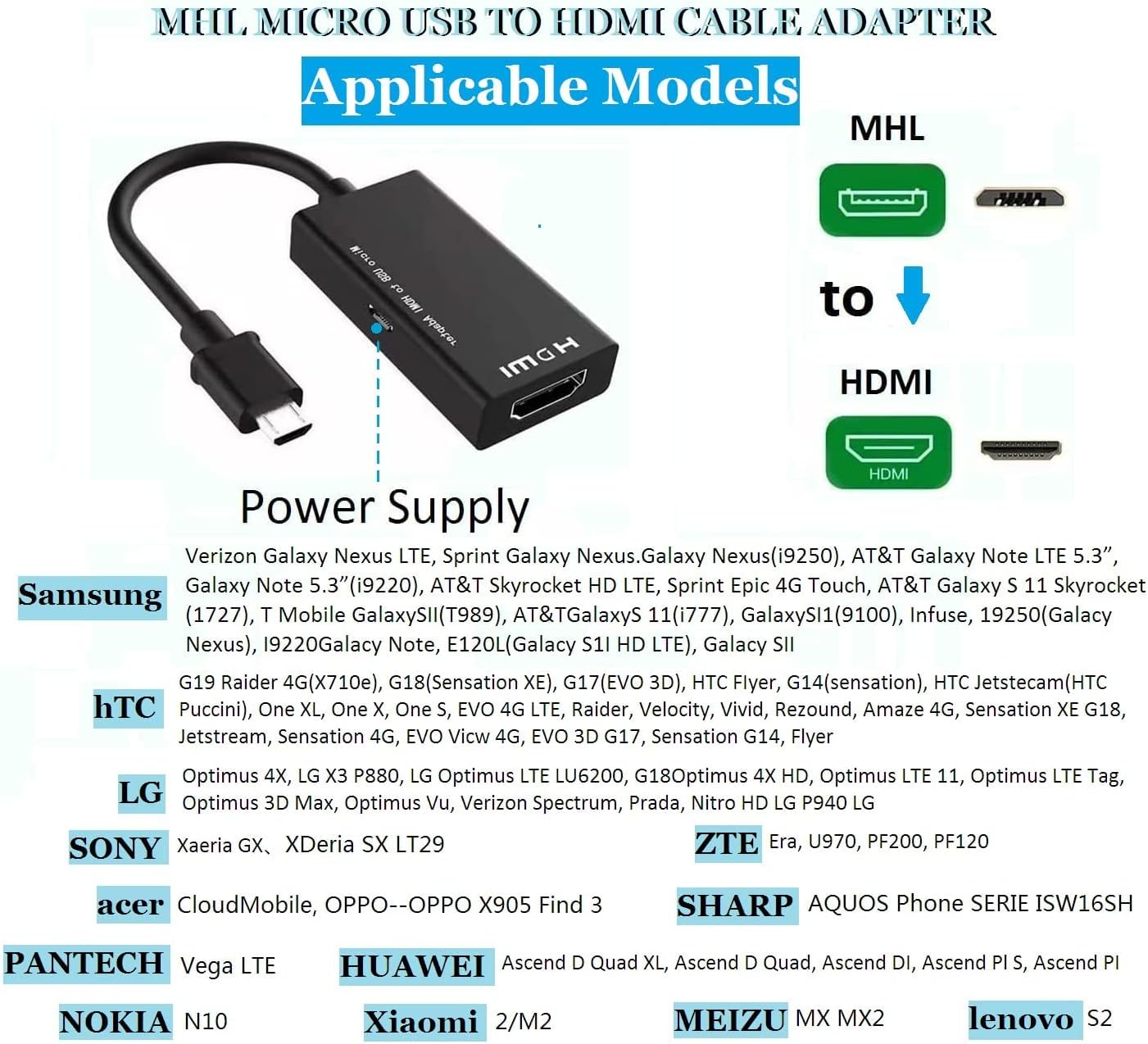 MHL Micro USB to HDMI Cable Adapter, MHL 5pin to HDMI Adapter 1080P Video Graphic for Samsung Galaxy,LG ,Huawei ect Android Smart Phones That with MHL Function, Black