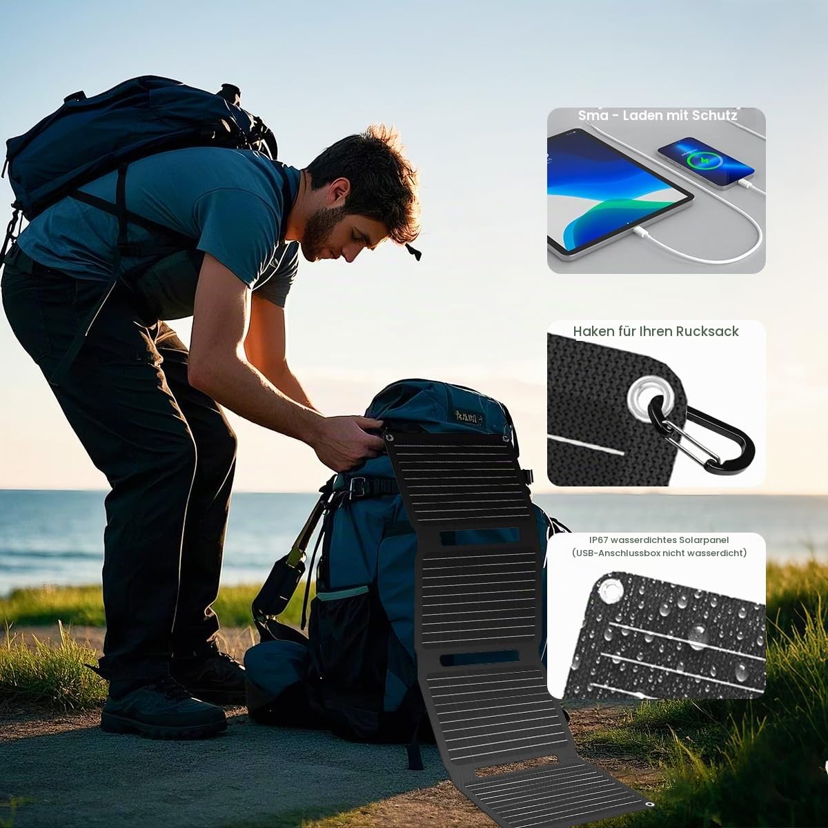 FlexSolar Tragbares faltbares Solarpanel mit 30 W QC3.0 18 W USB-A USB-C Wasserdicht IP67 Schnellladung für Handys, Tablets, Powerbank, Kamera, Taschenlampe für Camping und Wandern