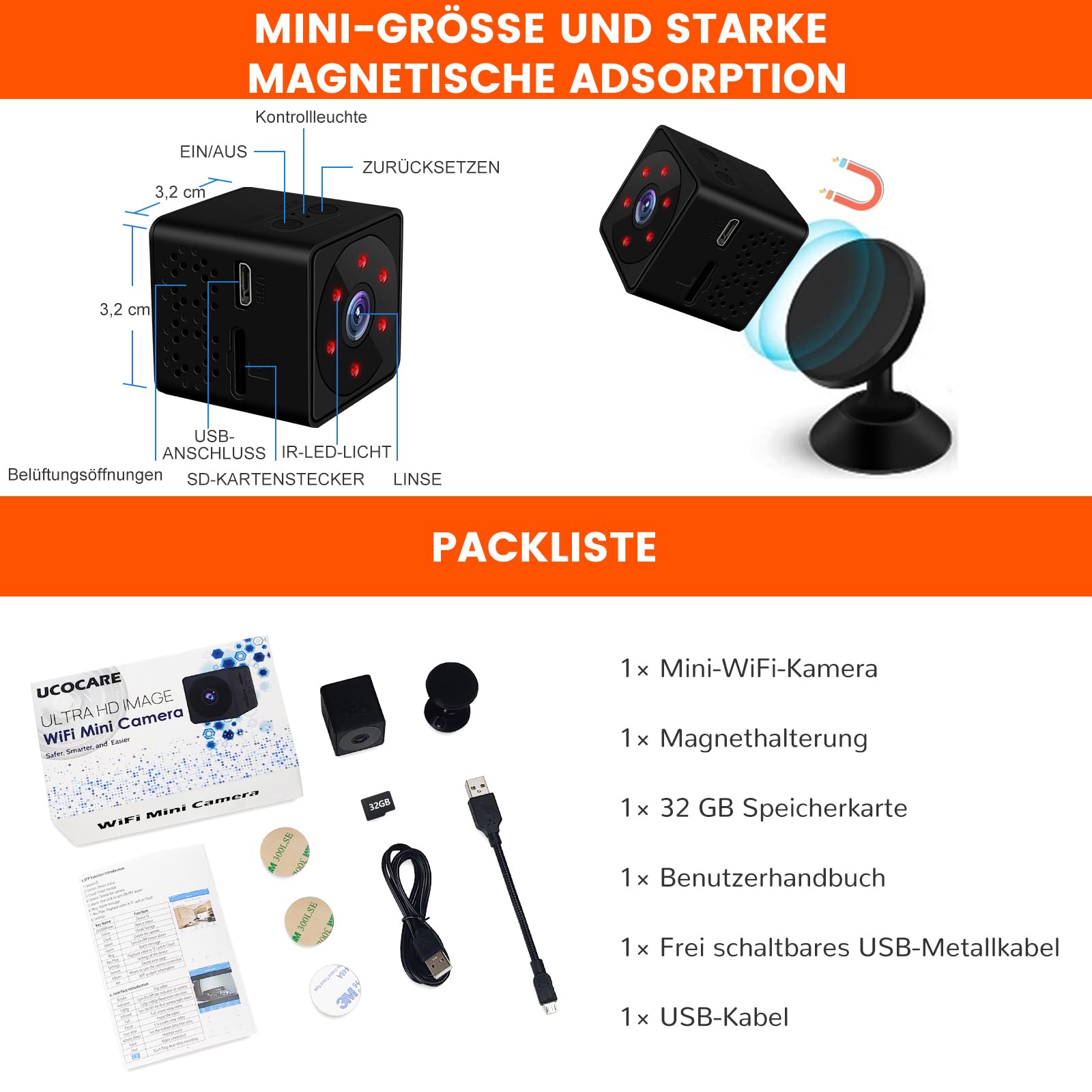 Bextgoo Mini Kamera, Überwachungskamera Innen, WLAN oder Ohne WLAN Optionen, 4K Mini Überwachungskamera mit 32GB Speicherkarte, Bewegungserkennung, Nachtsicht,150° Weitwinkelansicht(Schwarz)