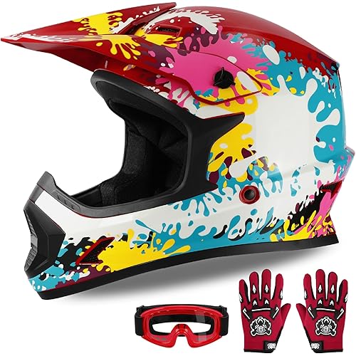 XFMT Kids Dirt Bike Helmet Youth Motorcycle Helmet DOT-Certified Full Face Helmets for Motocross ATV Off-Road Street Bike with Goggles & Gloves, Spray Graffiti Large