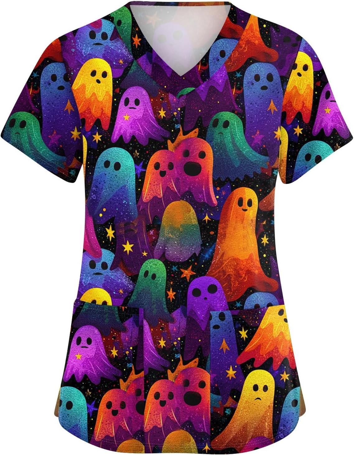 Women's Halloween Funny Graphic Tops, Fall Casual Short Sleeve V Neck Shirts with Pockets, S-5XL