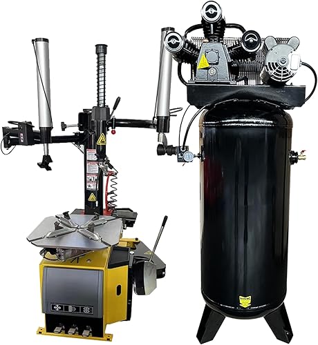 Miniatura 10 de 1.5HP Cambiador de Neumáticos con Llanta de 21 Pulgadas y Compresor de Aire de 5HP con Tanque ASME de 60 Galones para Reparación de Neumáticos