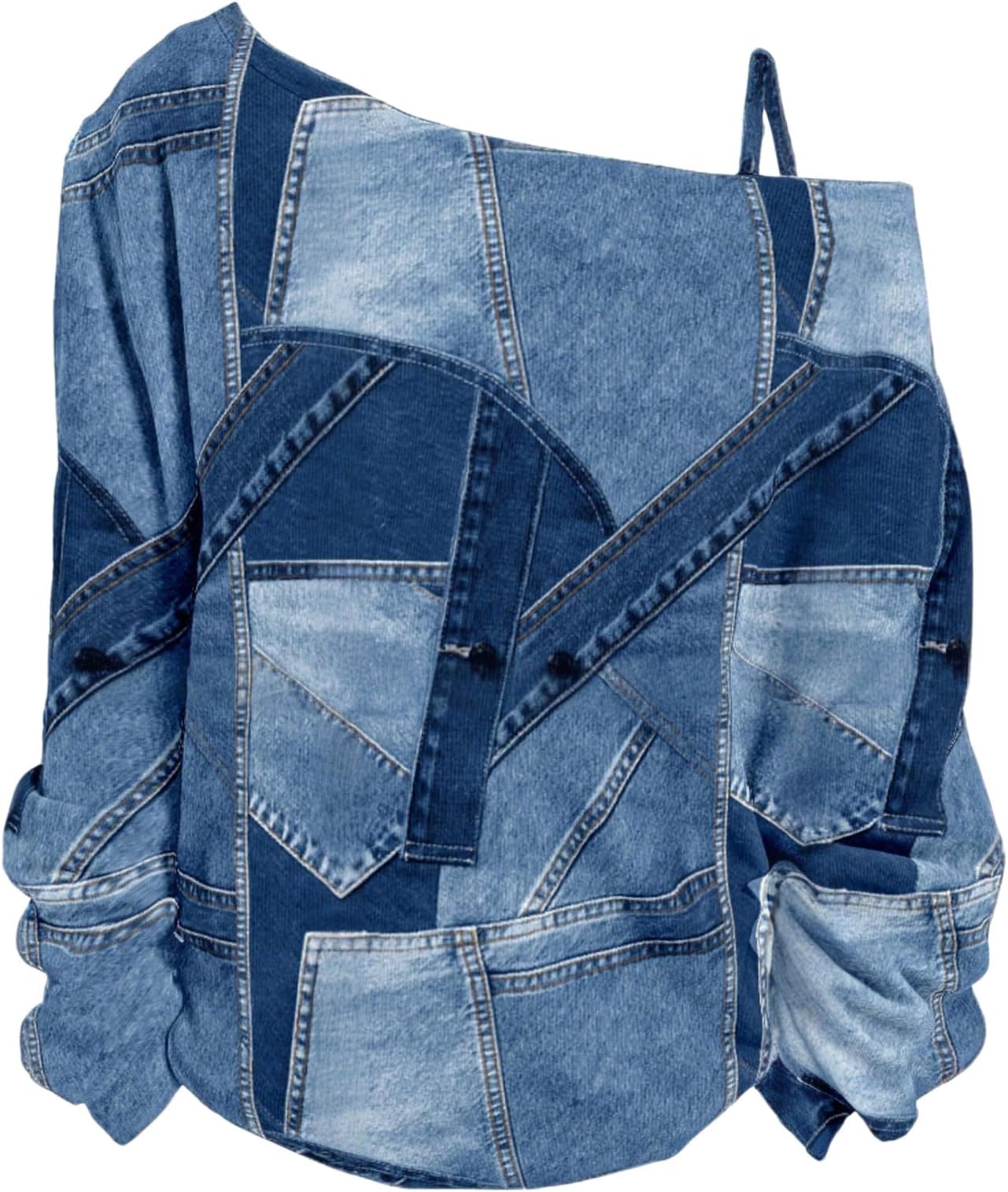 RoseSeek Women's Cold Off Shoulder Denim Print T Shirt Long Sleeve Loose Graphic Tee Tops