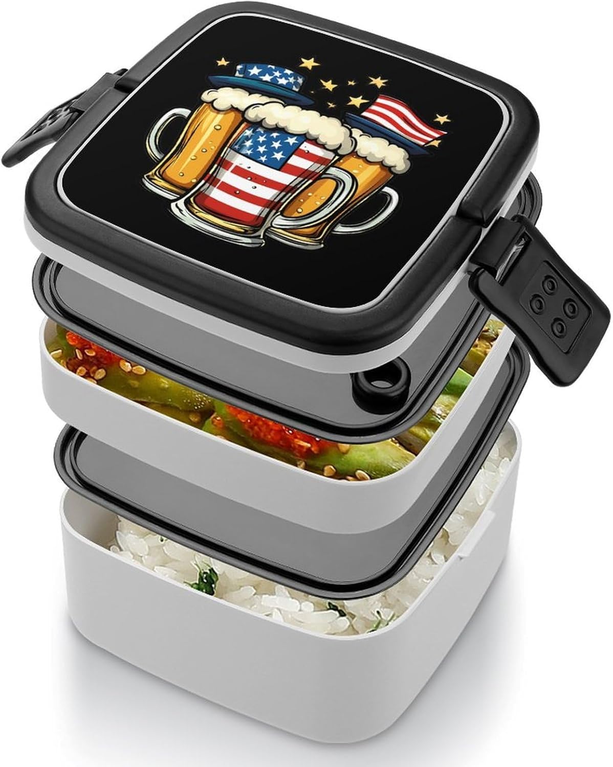 Beer USA Flag 4th of July Party Drinking Bento Box with Spoon 2 Layer Food Container Cute Lunch Box for Travel Dining Work