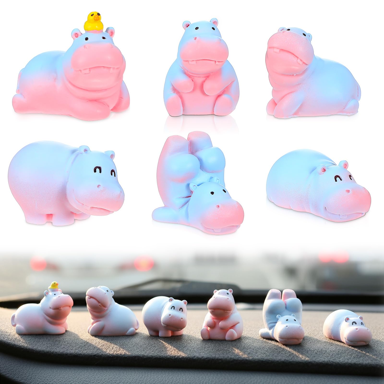 Mini Hippopotamus Car Dashboard Decorations, Set of 6 Cute Kawaii Hippo Figurines, Funny Rear View Mirror Accessories & Interior Ornament for Home Office Desk Car Decor