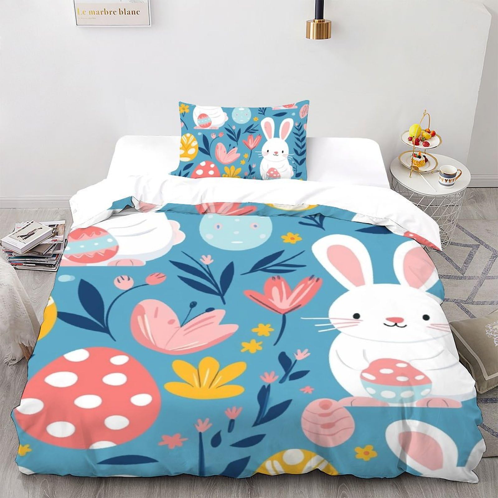 Literie en microfibre 3D Lapin Blanc parure de lit 135x200cm pour chambre enfant