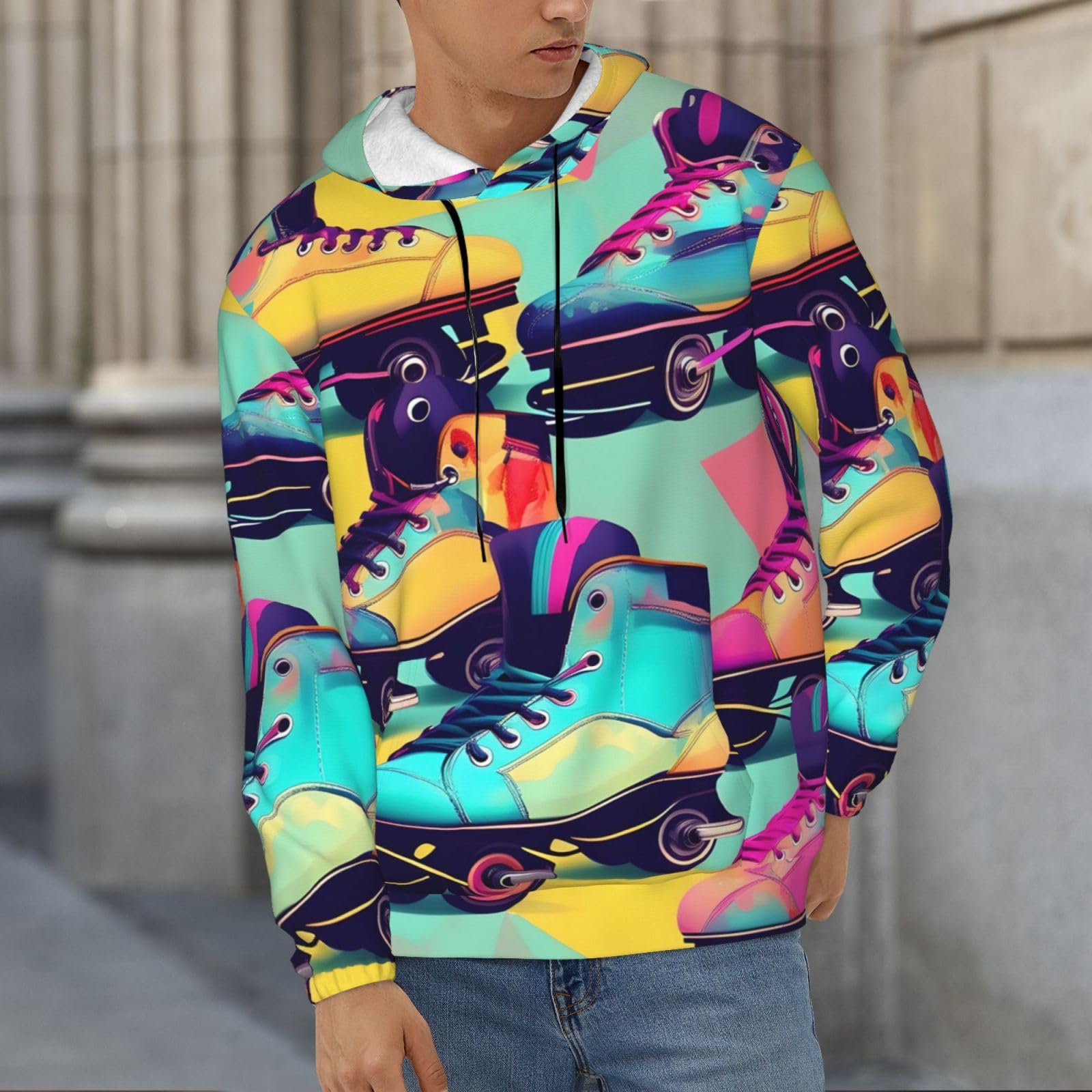 Męska bluza z kapturem w stylu retro z kolorowym nadrukiem, casualowa grafika z nadrukiem bluzy z kapturem z kieszenią