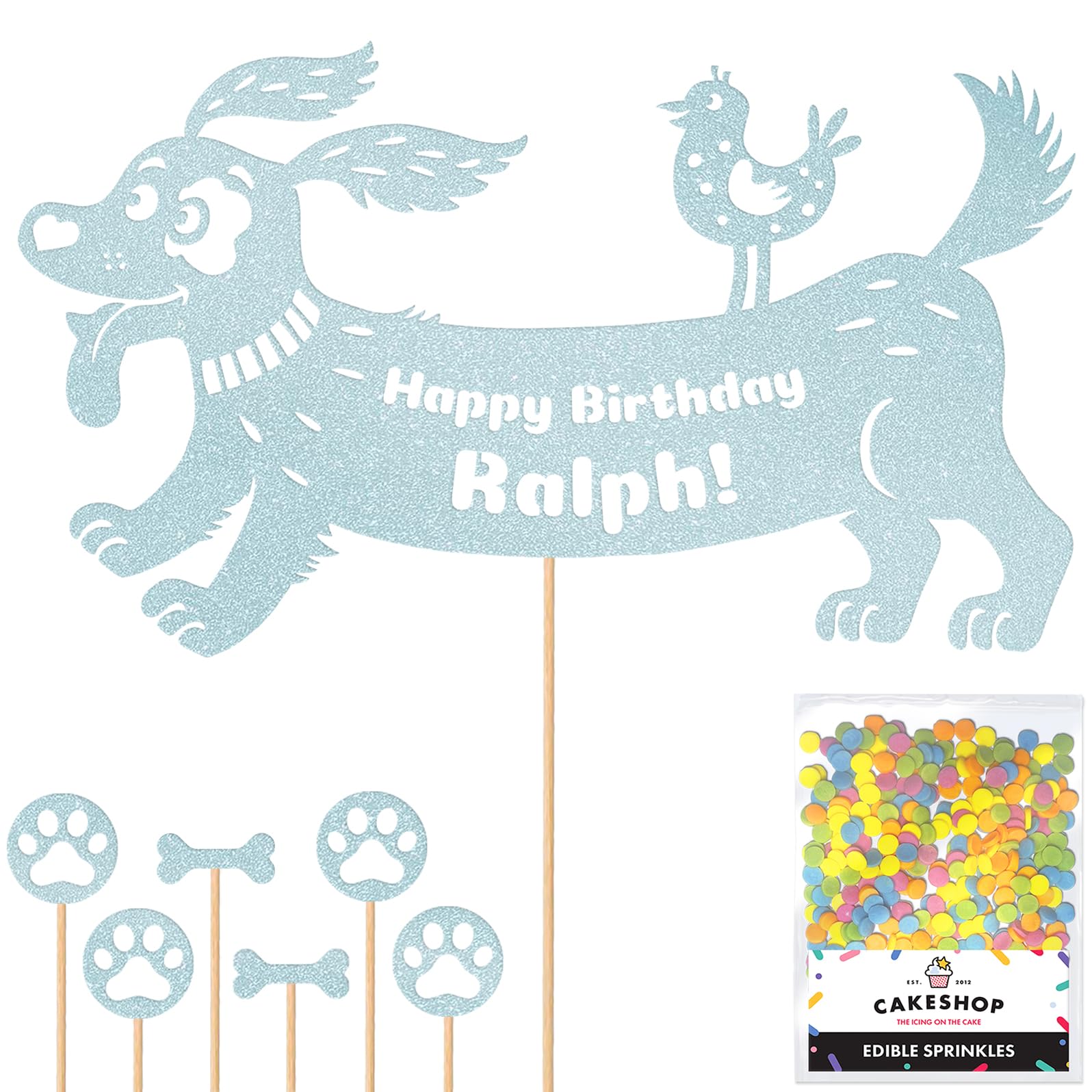 Personalised Birthday Dog Puppy Glitter Cake Topper- Light Blue Any Name & Age Glitter Cake Decoration and Sprinkles - Happy Birthday Decorations - Personalised Toppers for Cakes by Cakeshop โ image 1