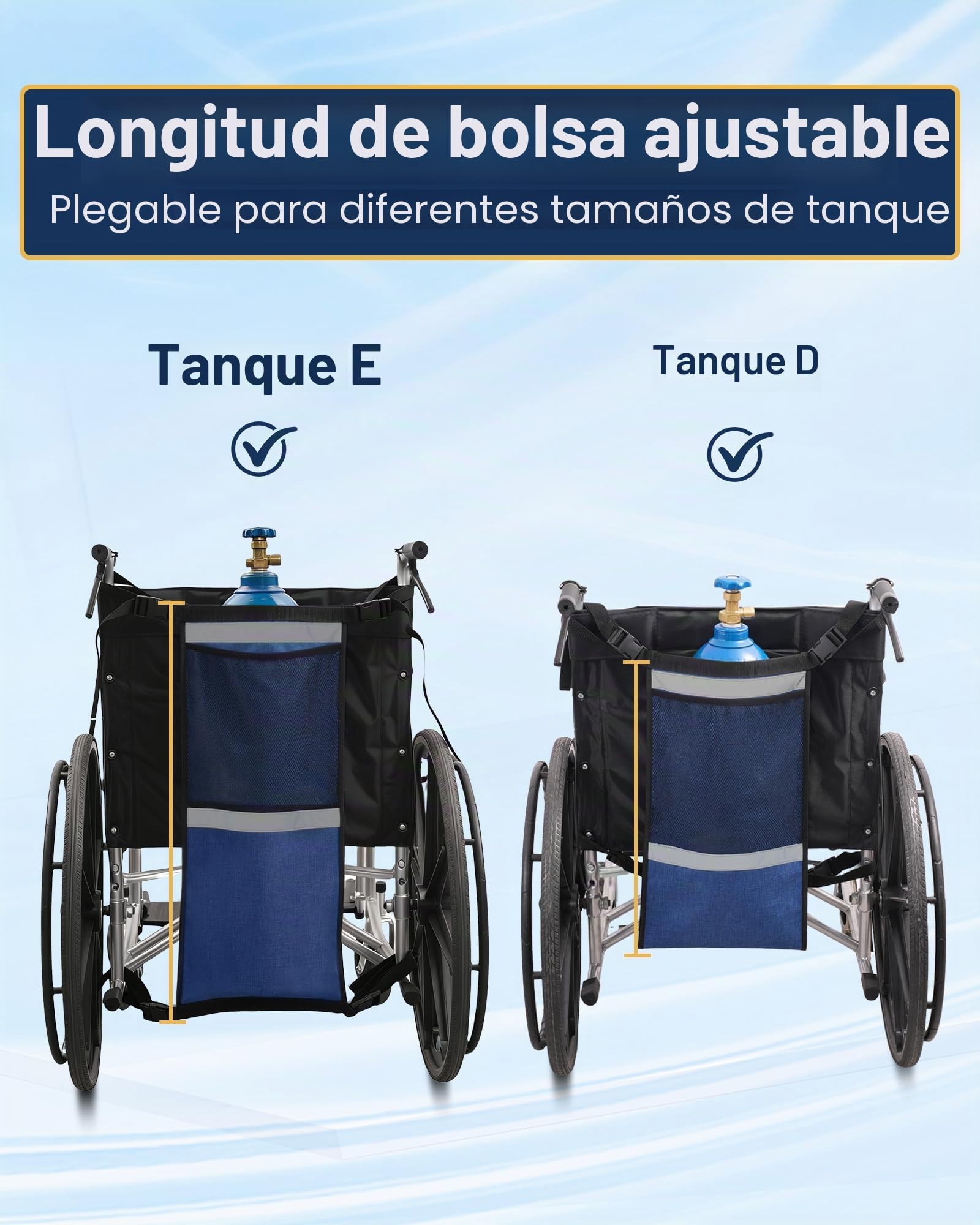 Portable Oxygen Cylinder Bag Für Rollstühle (Blau, Einzelpackung) Soporte de Tanque de Oxígeno para Silla de Ruedas y Andador, Tiras Reflectantes de Seguridad, Soporte Doble Ajustable
