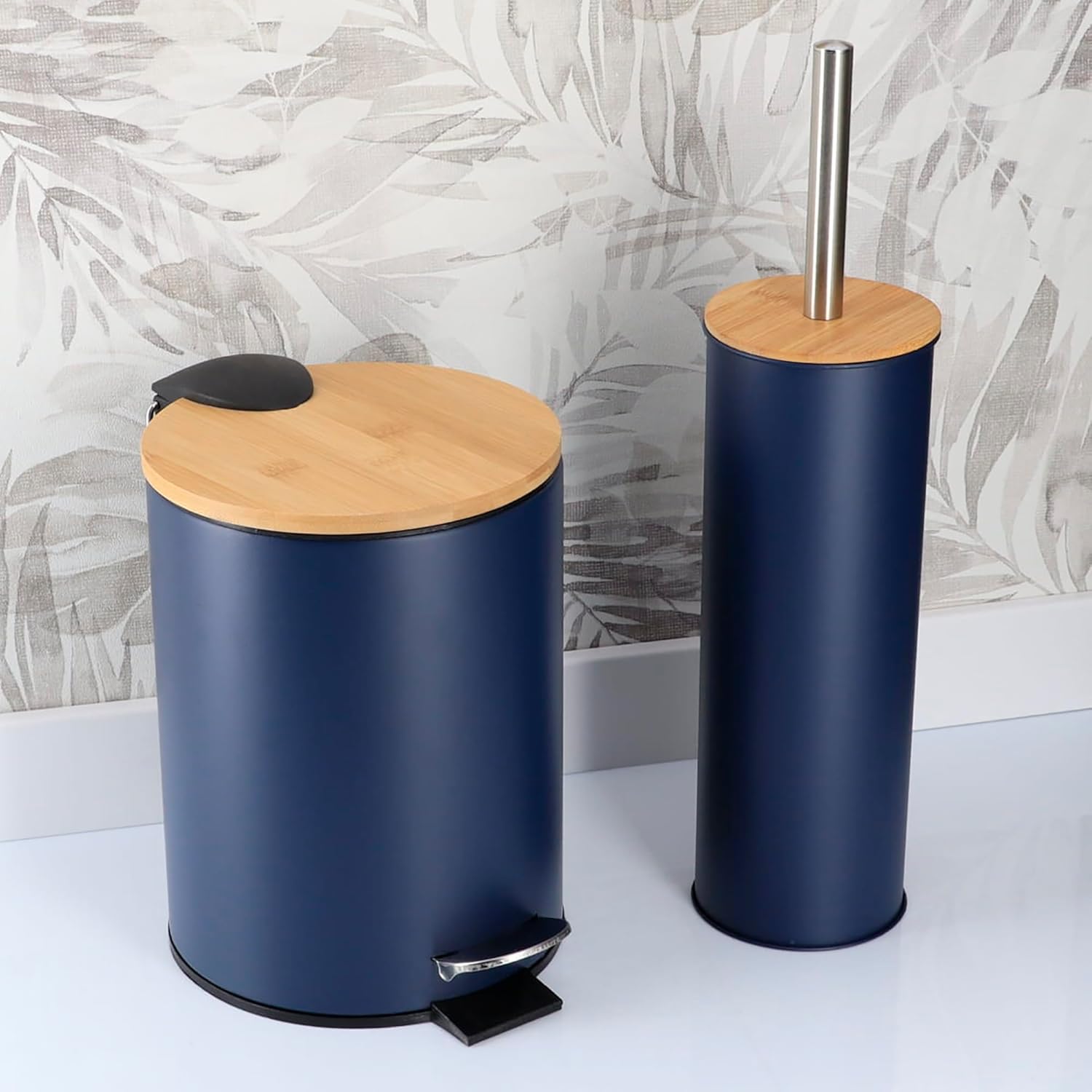 Navy Blue Bathroom Set with Bamboo Lid - Matte Metal Trash Can and Toilet Brush, 2.5L Bin with Foot Pedal, Quick-Dry Brush Holder - Compact Set for Small Spaces