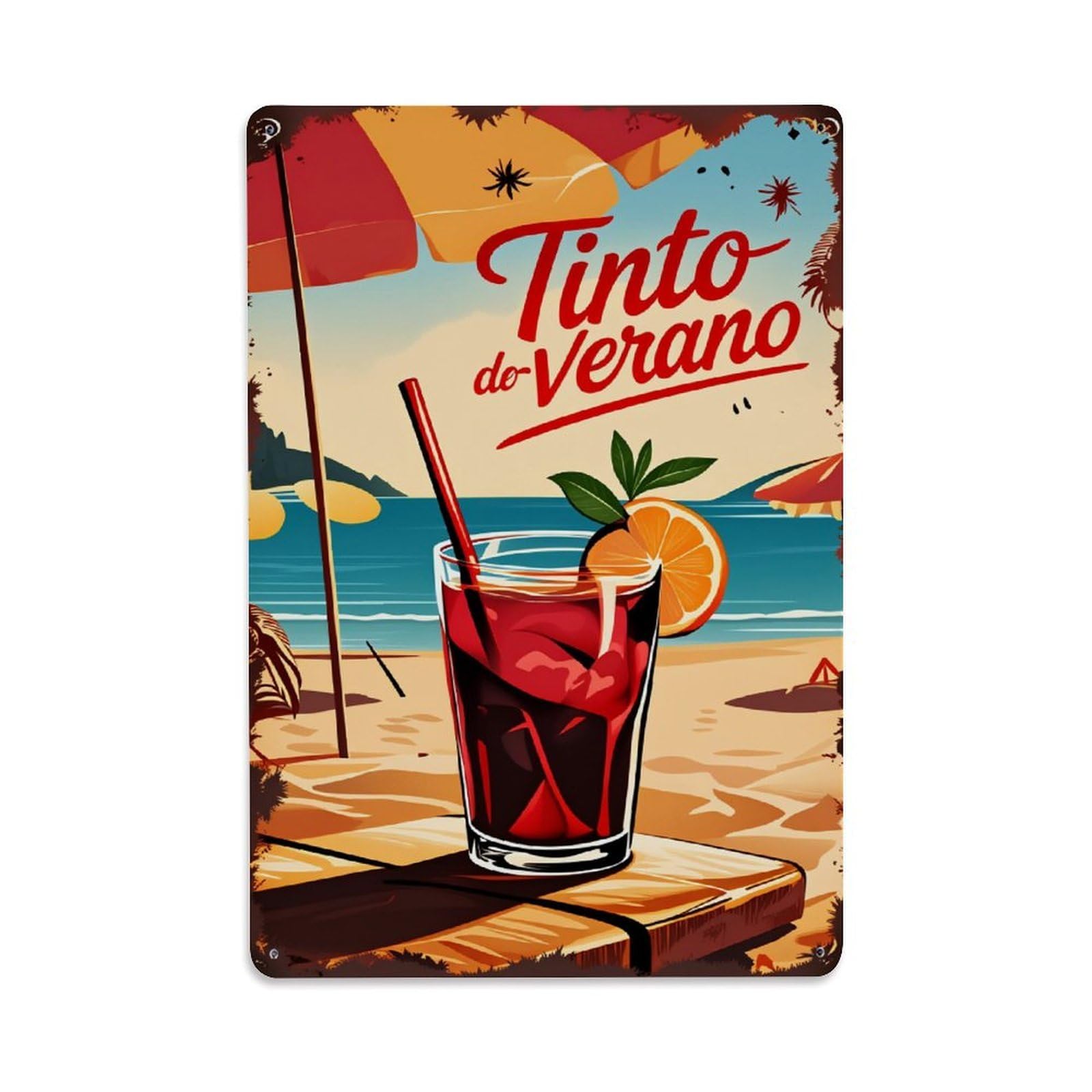 Lzwbntey Vintage Tinto De Verano Beach Scene Metal Tin Sign Retro Wall Decor For Home Bar Garage Cafe, Indoor & Outdoor Decorative Metal Poster, 8X12 Inch