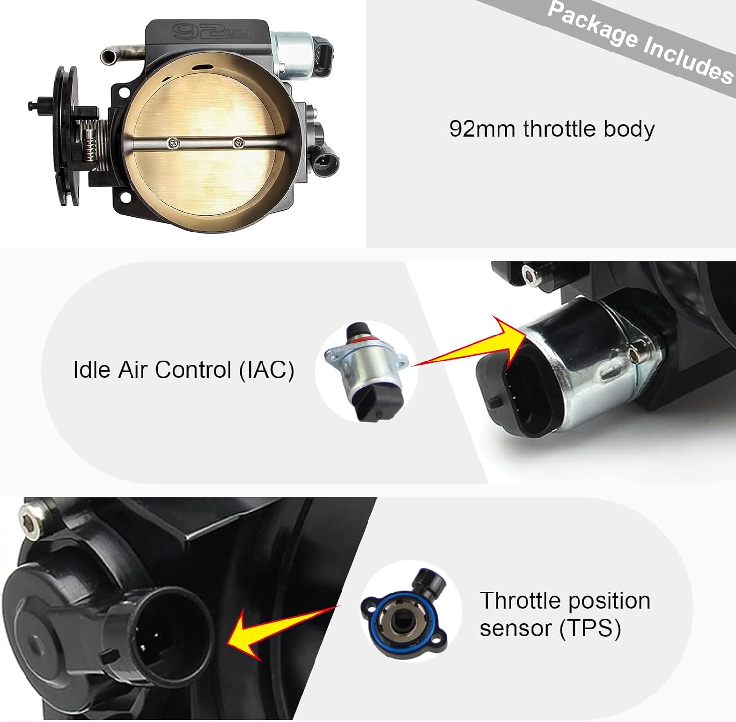 92mm throttle body 4-bolt for ls1 ls2 ls3 ls6 ls7 lsx drive by cable with throttle position sensors tps iac aluminum black htracing 92mm black