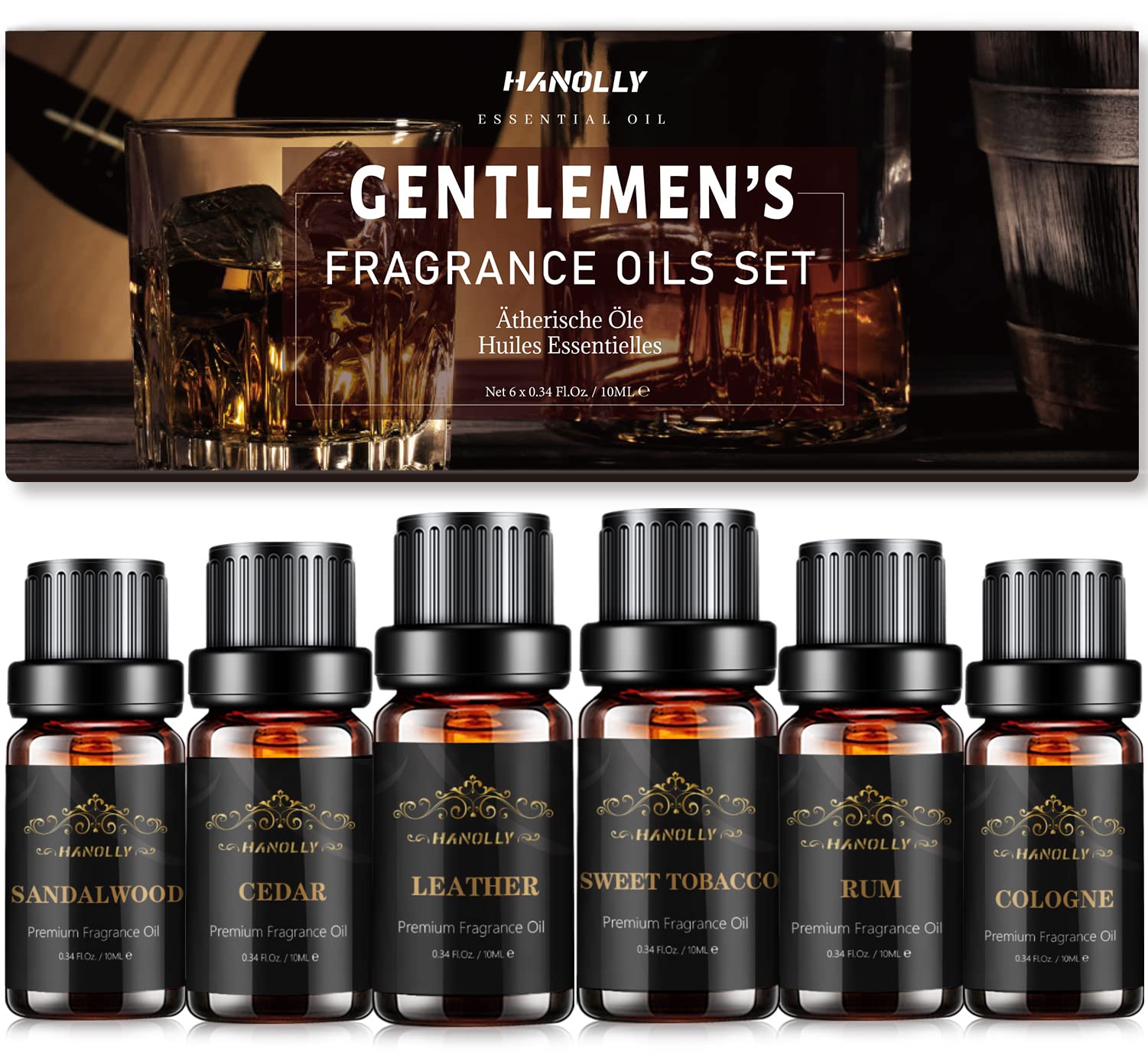 HANOLLY Oli Essenziali per Diffusori Uomini 6x10 ml, Olio Essenziale Naturali per Candele Fai da Te Aromaterapia Profumo Casa Massaggio, Legno Di Sandalo, Cedro, Tabacco Dolce, Rum, Colonia, Pelle
