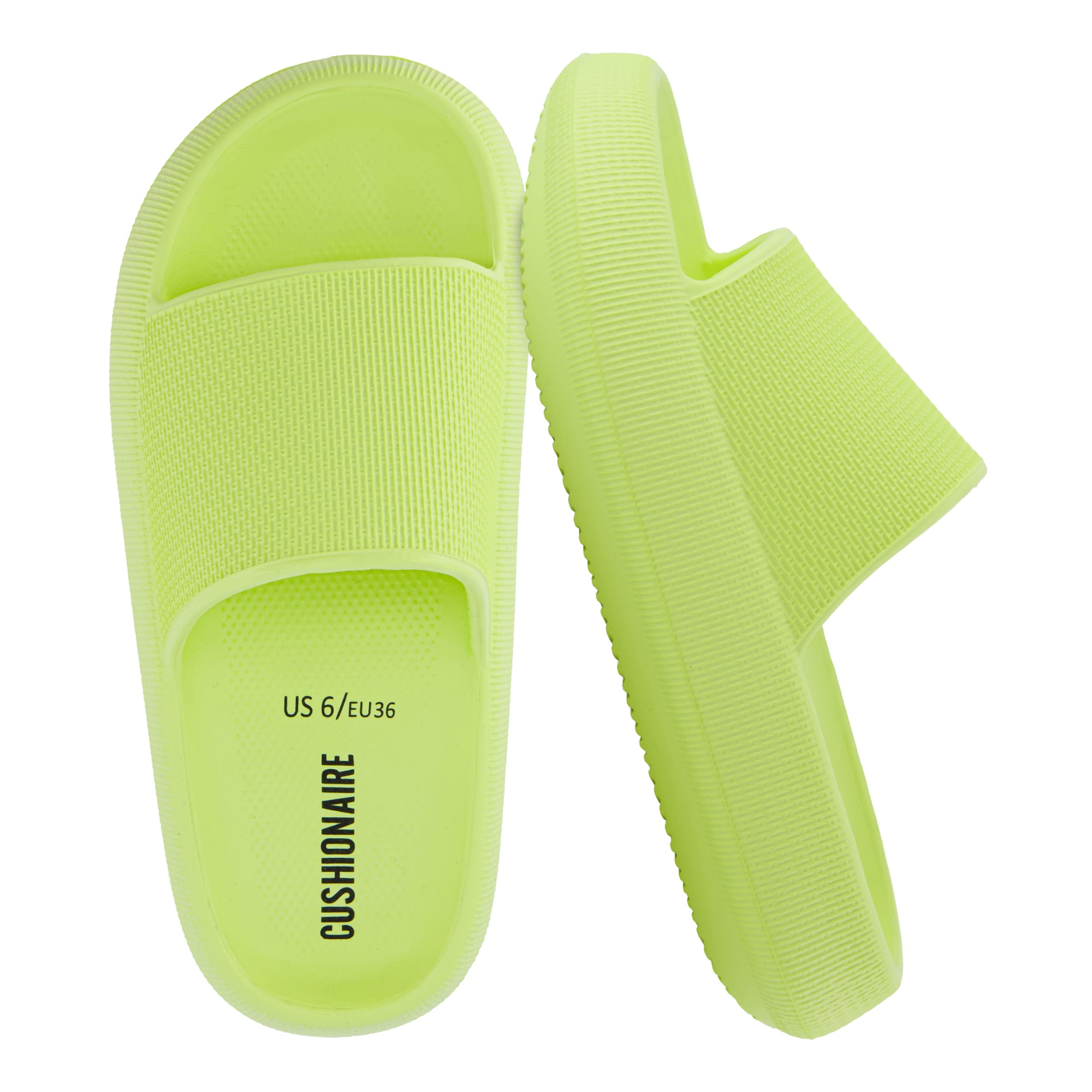 CUSHIONAIRE Feather EVA Slides for Women – Comfortable Slip On Womens Slippers, Indoor Outdoor Shower Shoes, Beach Essential Cloud Slides