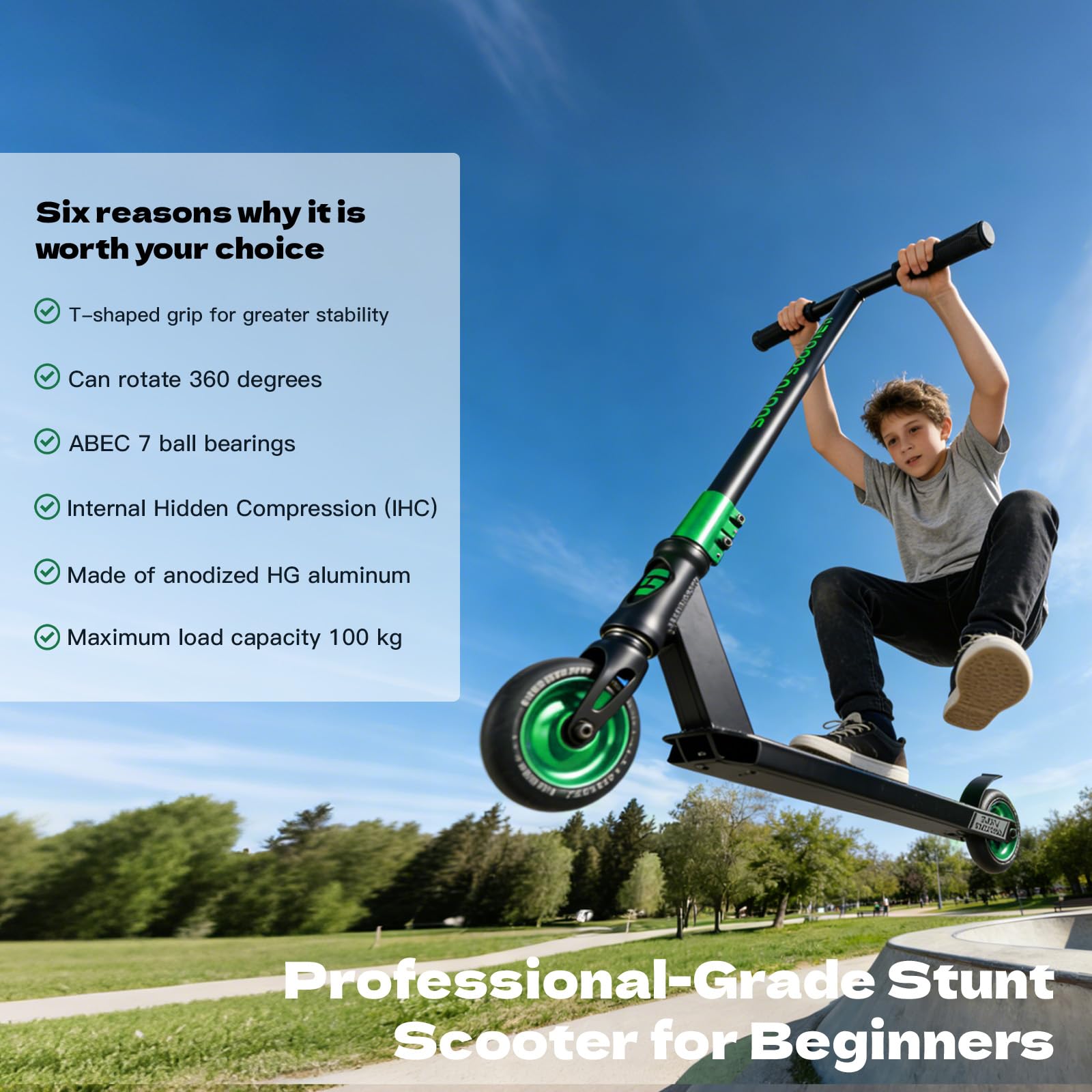 Patinete Freestyle, Dirección de 360°, Ruedas de PU de 85A 100 mm, Scooter Freestyle para Niños Adolescente y Adultos, Capacidad Máxima de Carga: 100 kg, Aluminio — view 2