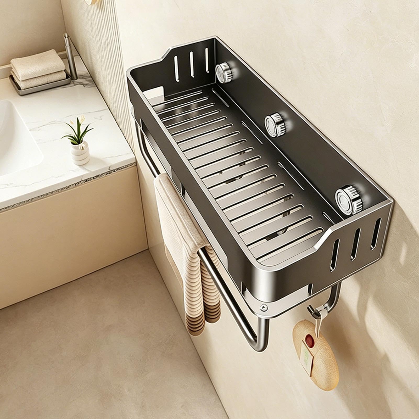 Estante de ducha con ventosa, cesta de pared con agujeros de drenaje, cesta de ducha con ventosa con ganchos y toallero, para balcón, dormitorio, apartamento, baño, despensa, cocina y hogar
