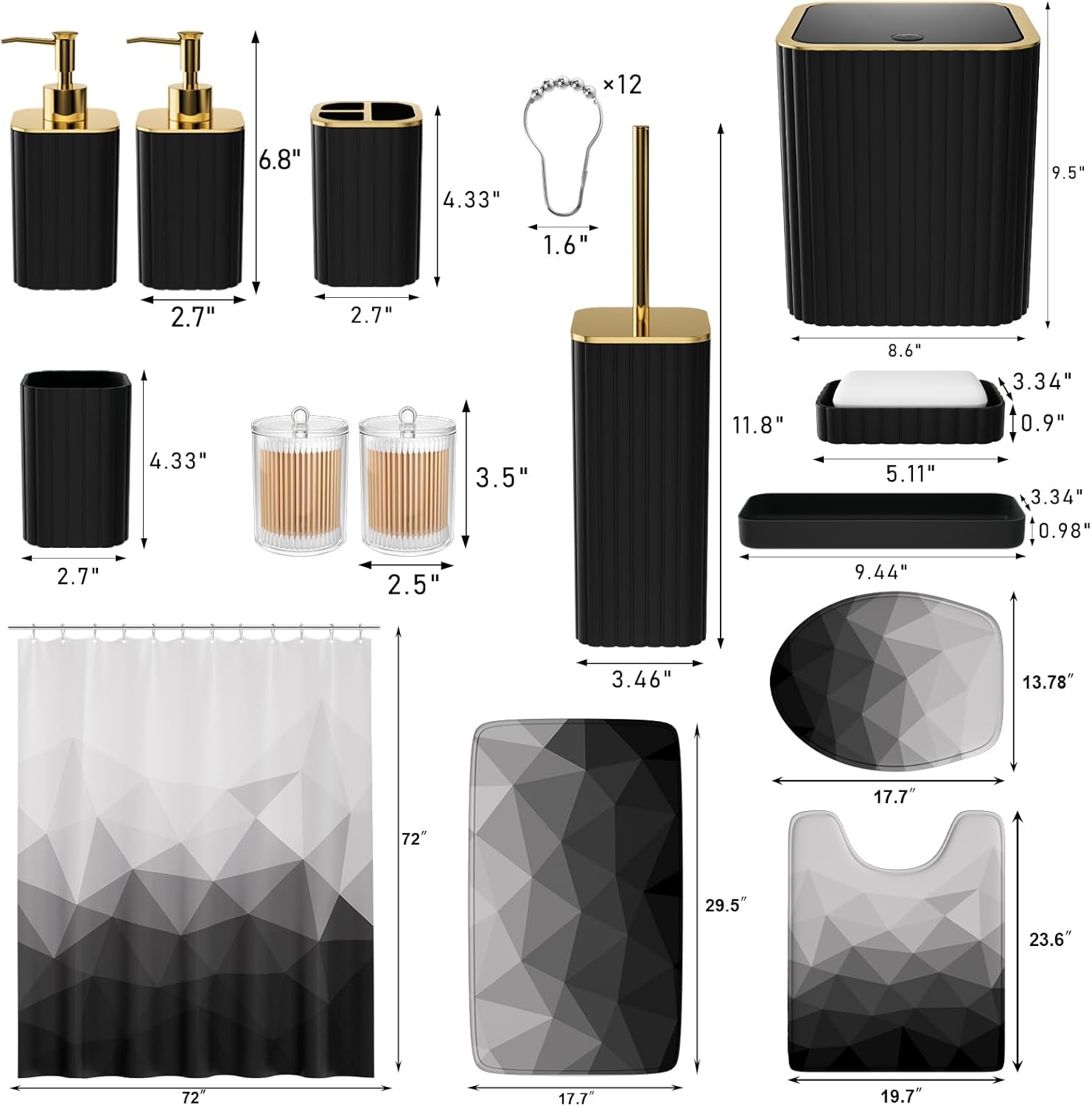 Bathroom Accessory Set - 26PC Bathroom Shower Curtain and Rug Set, Bathroom Accessories Set, Black Bathroom Set with Trash Can, Toilet Brush, Qtip Holder & Soap Dispenser