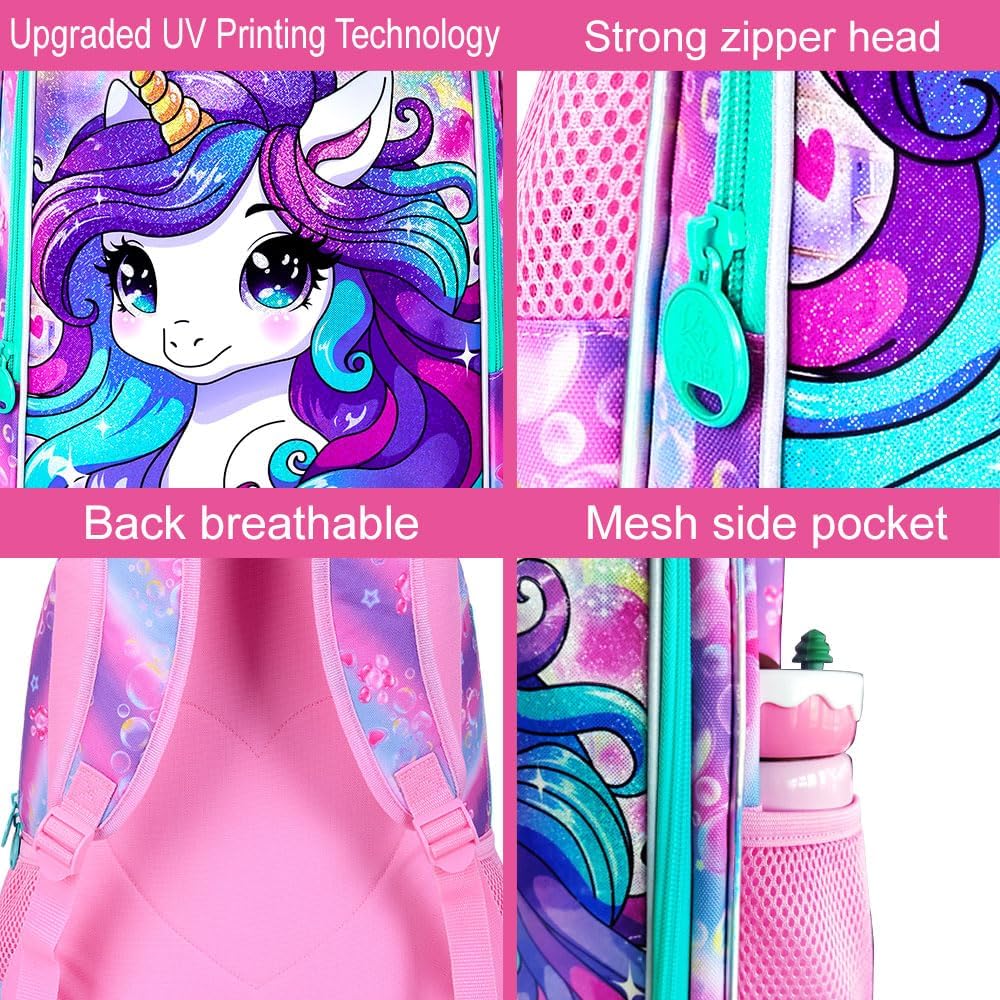 WZLVO 3PCS Unicorn Backpack for Girls, 16'' Kids Preschool Bookbag Set, Cute Water Resistant Kindergarten Elementary School Bag with Lunch Box - Image 6