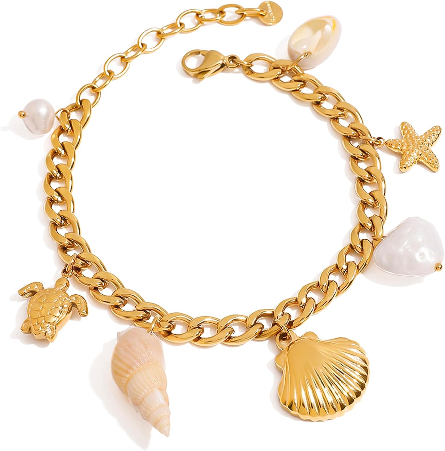 Beach Charm Bracelets for Women - Gold Seashell/Starfish/Conch/Pearl/Turtle Charm Bracelets, Ocean Jewelry | Summer Boho Waterproof Jewelry Gifts