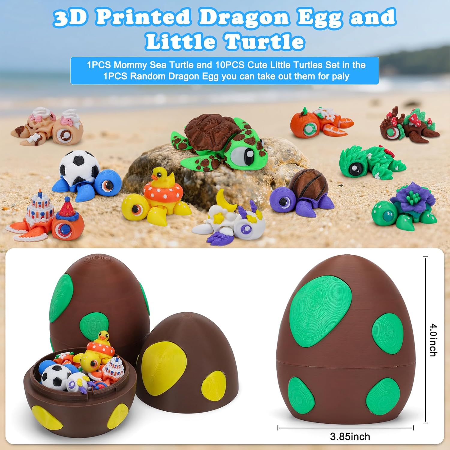 3D Printed Mini Animals with Dragon Eggs Set, 3D Printed Fidget Toys Bulk, Articulated Animals Figurines Adults Desk Decor, Pocket Pet, Easter Basket Stuffers (Sea Turtle)