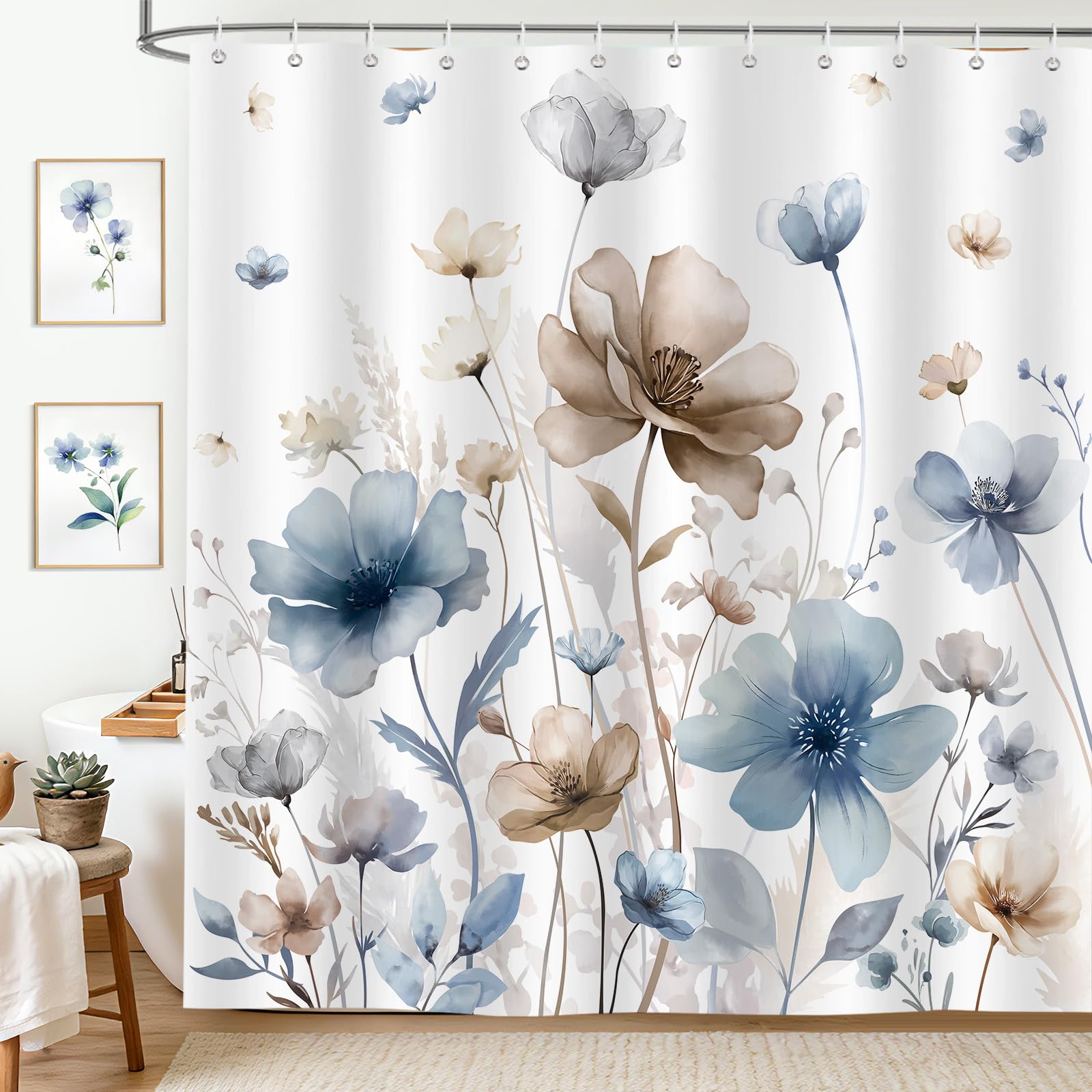 hometrixx Boho Spring Blue Gray Watercolor Flower Shower Curtain 180x200cm