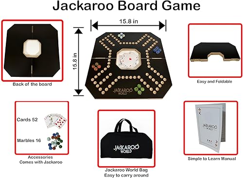 Miniatura 3 de Jackaroo Board Game - Wooden Board Foldable and Open in The Middle - Strategy, Competitive, Fun 2-4 Player Marble and Card Game for All Ages (Black)