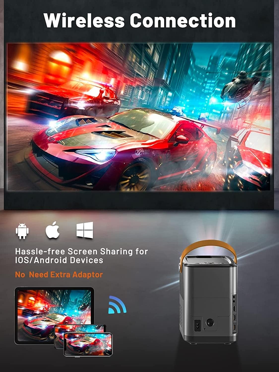 [2022 Upgraded] Mini WiFi Bluetooth Projector, ELLEPHAS 1080P Full HD Supported Movie Projector, Home Theater Projector with 100" Projector Screen & Zoom, Compatible with Android/iOS/PC/TV Stick/PS4