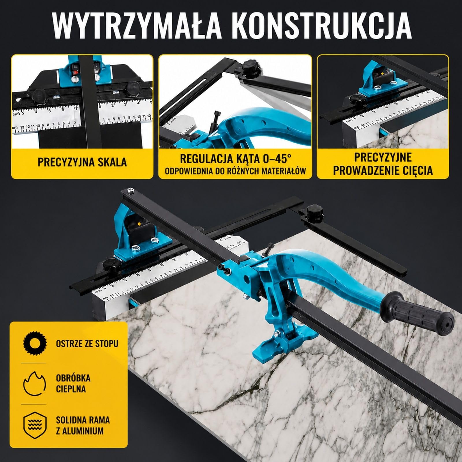 Ręczna przecinarka do płytek z aluminium, dwutorową szyną prowadzącą, pozycjonowaniem laserowym, antypoślizgowym uchwytem i regulowaną skalą do płytek ceramicznych i podłogowych