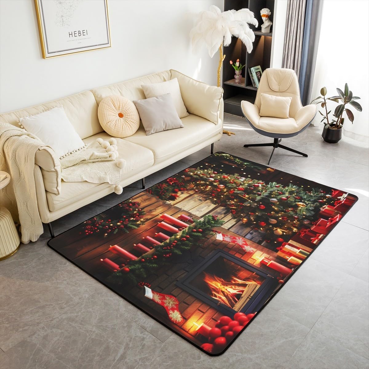 Alfombra Salon 3D Chimenea Navideña Alfombras Cocina Antideslizante árbol de Navidad Tapete Exterior, Alfombra Pasillo, 120 x 170 cm E-F621