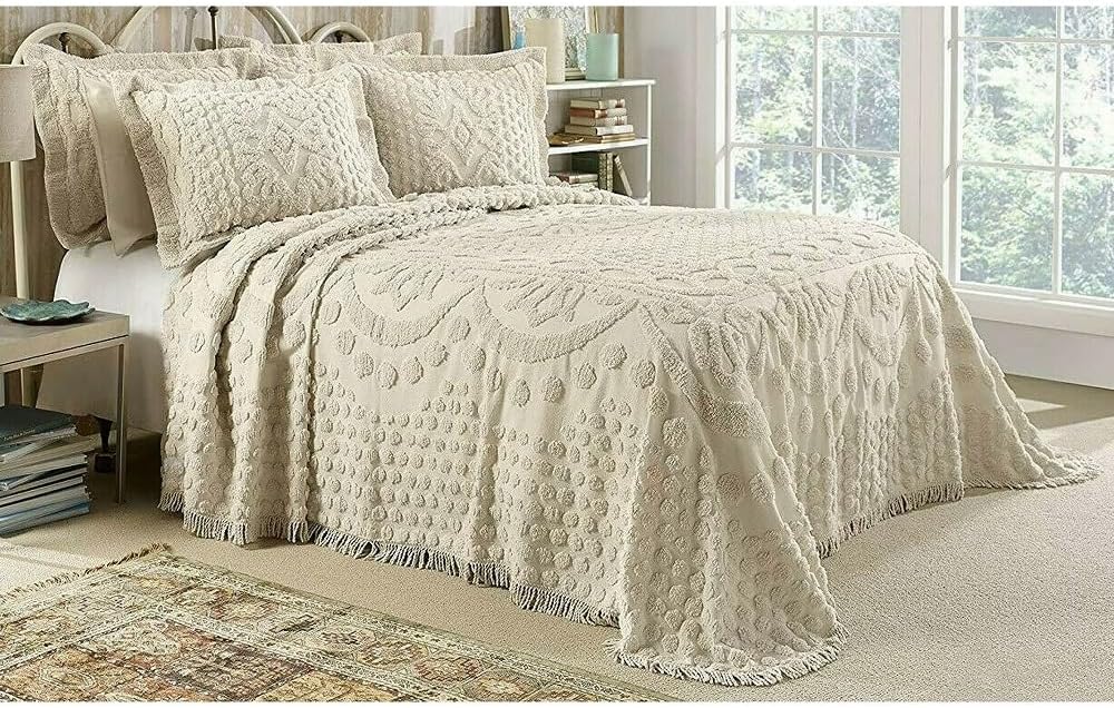 TRP Vintage Style Tufted Embroidered Cotton Chenille Bedspread Queen Size | All Seasons Beige Ivory Cream Color Aesthetic Bedding Super Soft Plush Cozy Luxury Feel Country Farmhouse Quilt Coverlet