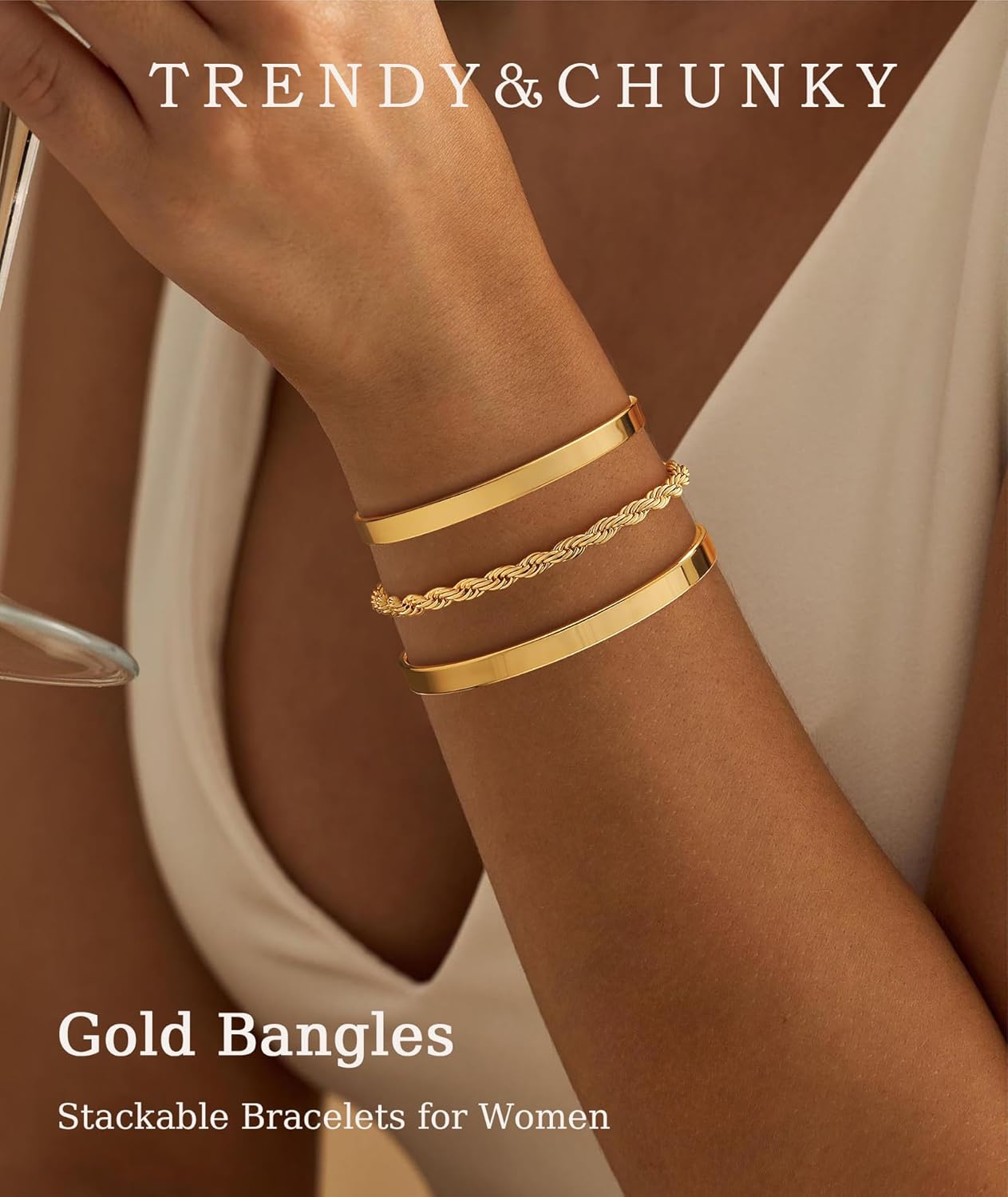 ZOERAY Silver Gold Bangle Bracelets for Women Non Tarnish 14k Gold Plated Stackable Cuff Bracelets for Women Trendy Cubic Zirconia Stainless Steel Chunky Bracelet Stack Set Waterproof Jewelry Gifts - Image 2