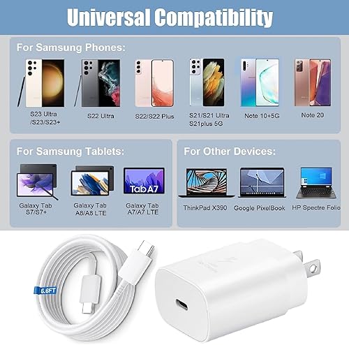 Miniatura 6 de Samsung Cargador rápido de 25 W USB C de carga súper rápida con cable de carga tipo C de 6.6 pies para Samsung Galaxy S24 S24+ S23 S22 S21 S20