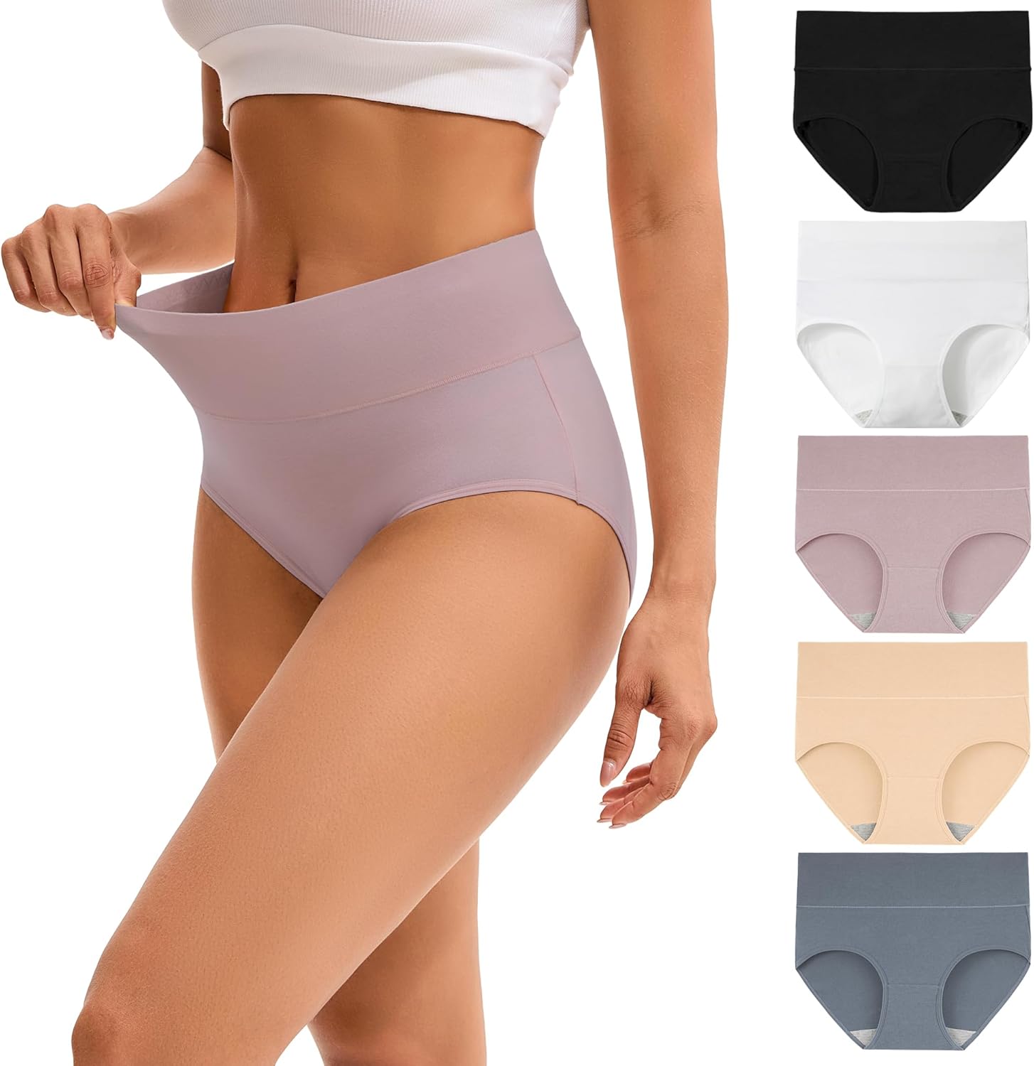 INNERSY Women's High Waisted Underwear Cotton Panties Regular & Plus Size 5-Pack