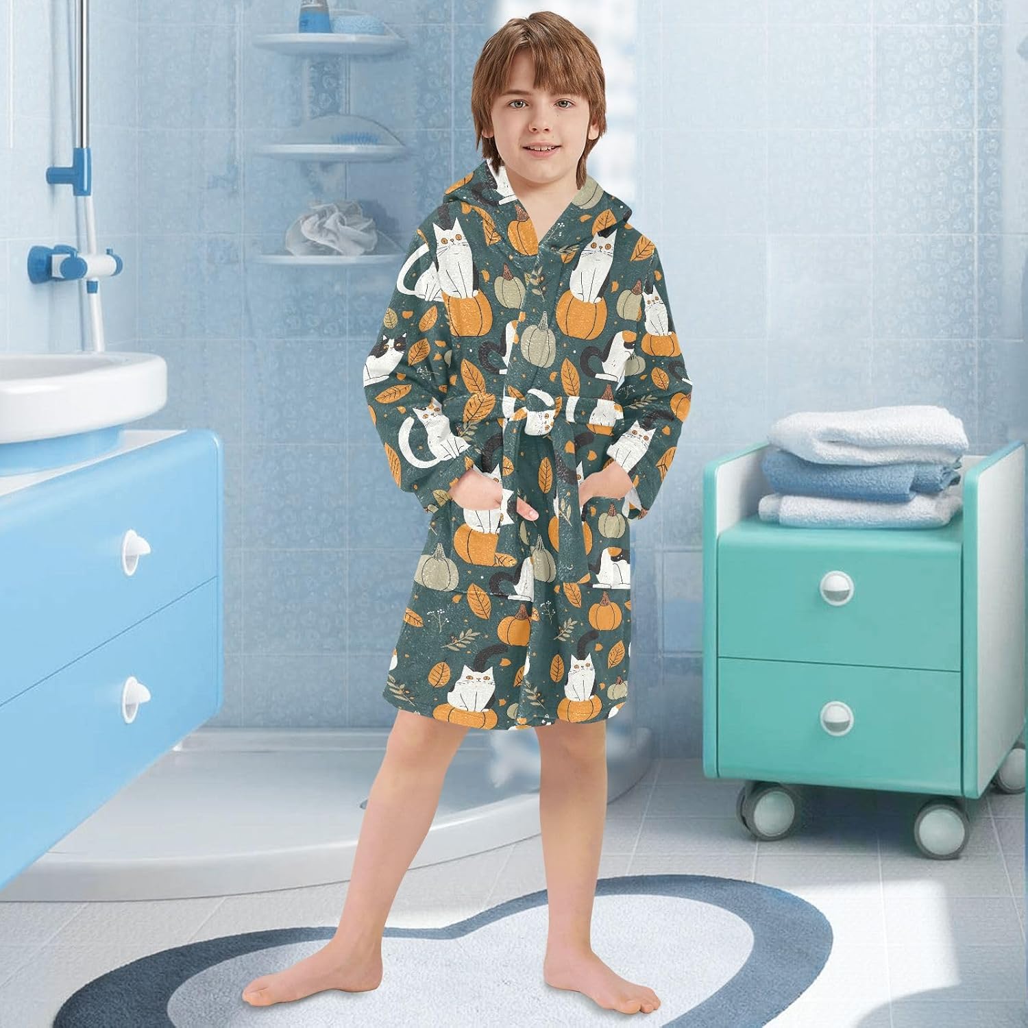 senya Cat on Pumpkin Toddler Hooded Bathrobe Kids Soft Plush Bath Towel Robes for Boys Girls 2-12 Years
