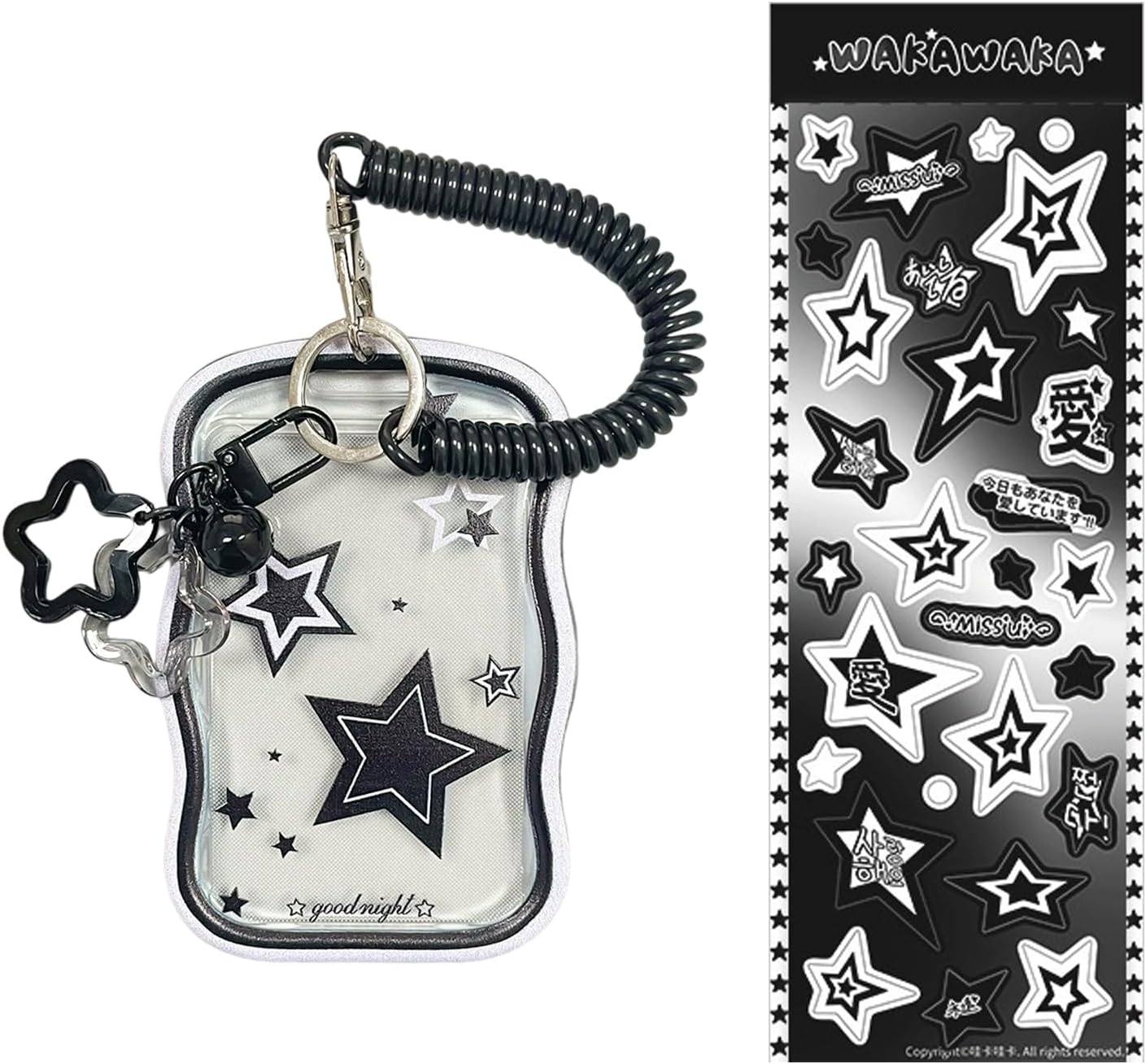 2 PCS Kpop Photocard Holder Keychain Transparent Star Wave Photocard Keychain with Spiral Wrist Coil Protective Photocards Holder for ID Badge Bus Card Holder