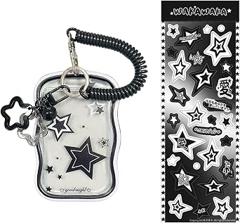 2 PCS Kpop Photocard Holder Keychain Transparent Star Wave Photocard Keychain with Spiral Wrist Coil Protective Photocards Holder for ID Badge Bus Card Holder