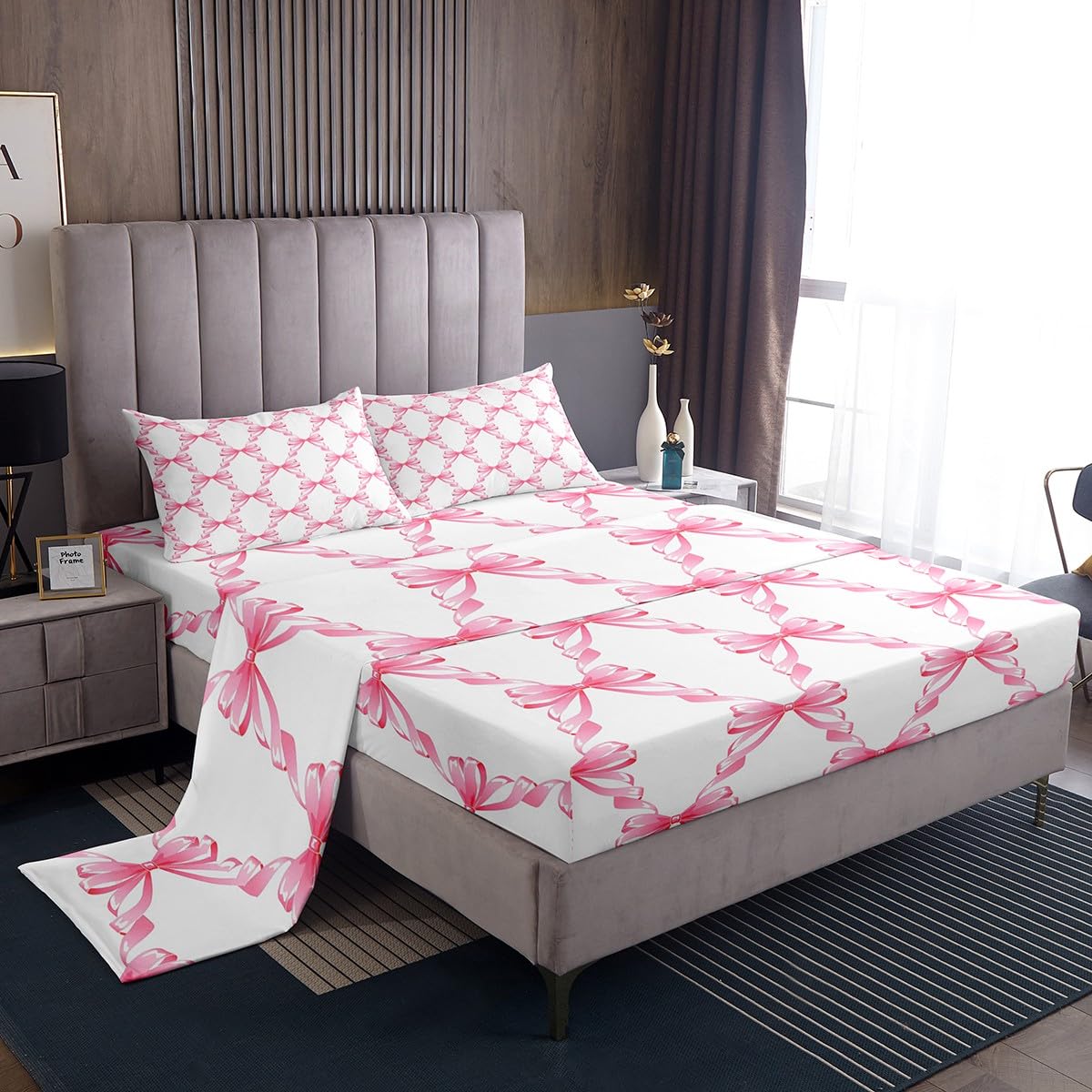 Homemissing Pink Bowknot Sheet Set for Girls Single Size Dreamy Princess Style Sheets with Deep Pocket Fitted Sheetative Cute Bow Fairy Tale Theme Girly Bed Sheets Set Geometric Bedding Set 3Pcs