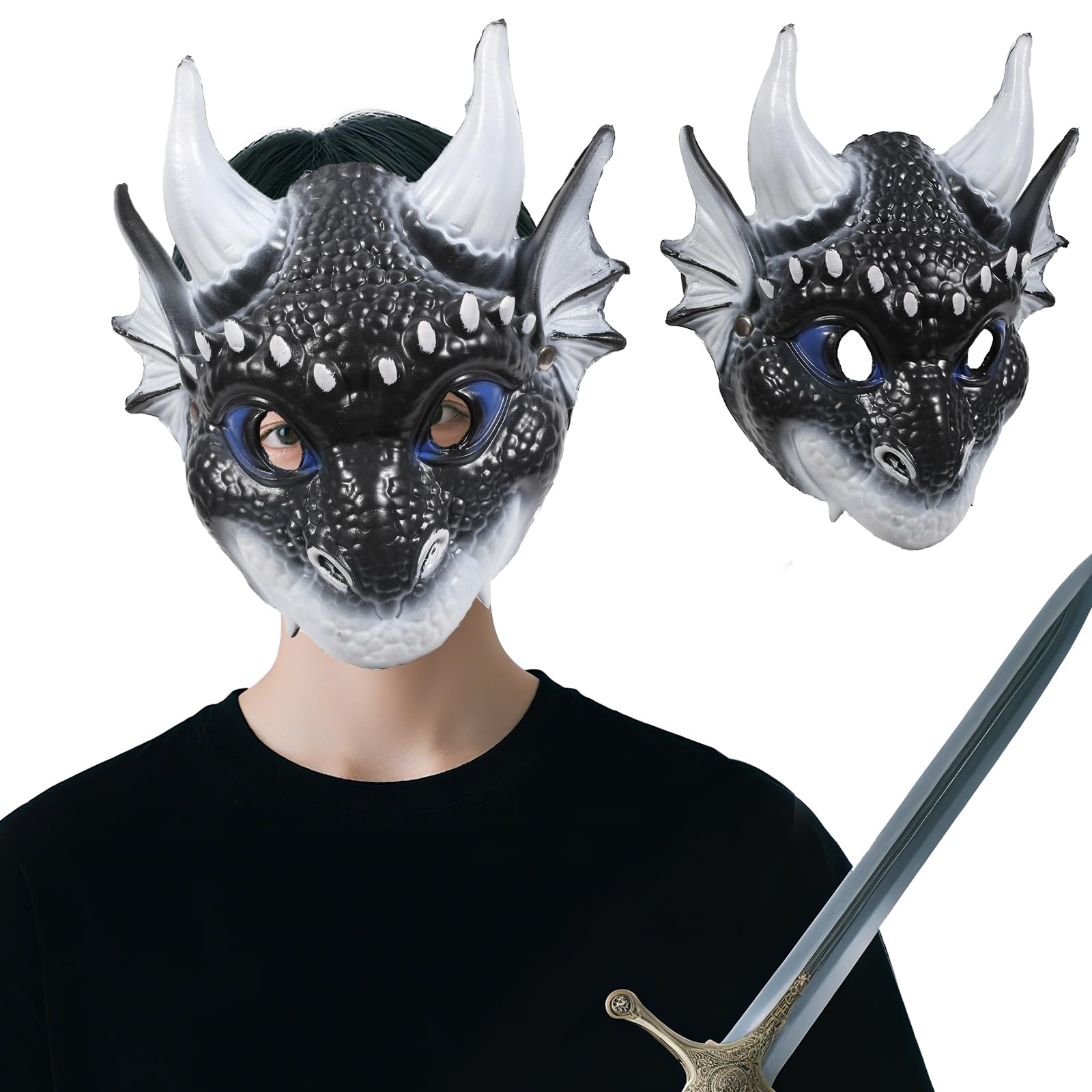 Pddgeun Dragon Mask for Kids Adult 3D PU Dragon Mask Costume Accessory for Halloween Cosplay (Black)