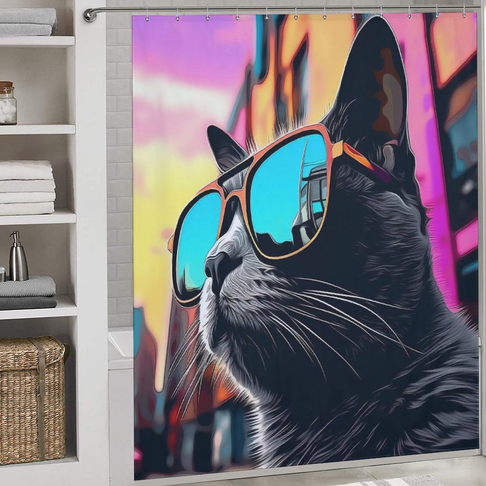 Rideau de douche chat mignon imperméable pour salle de bain 183x183cm