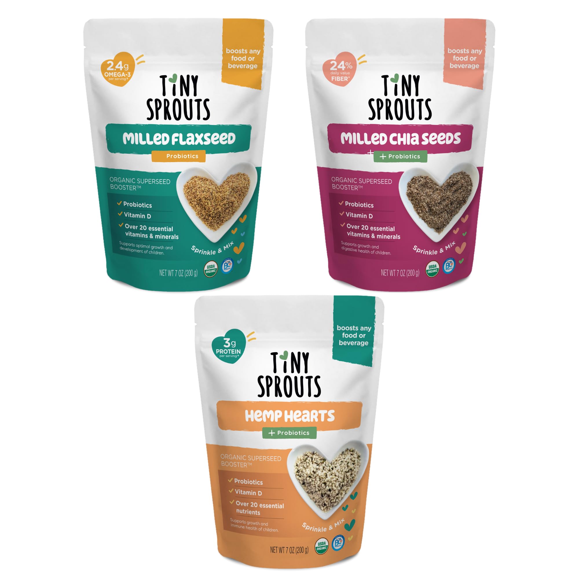 Tiny Sprouts Organic Milled Flaxseeds, Chia Seeds & Hemp Hearts + Probiotics + Vitamin D3 | Superfood Nutrition Booster Trio for Brain, Gut & Body