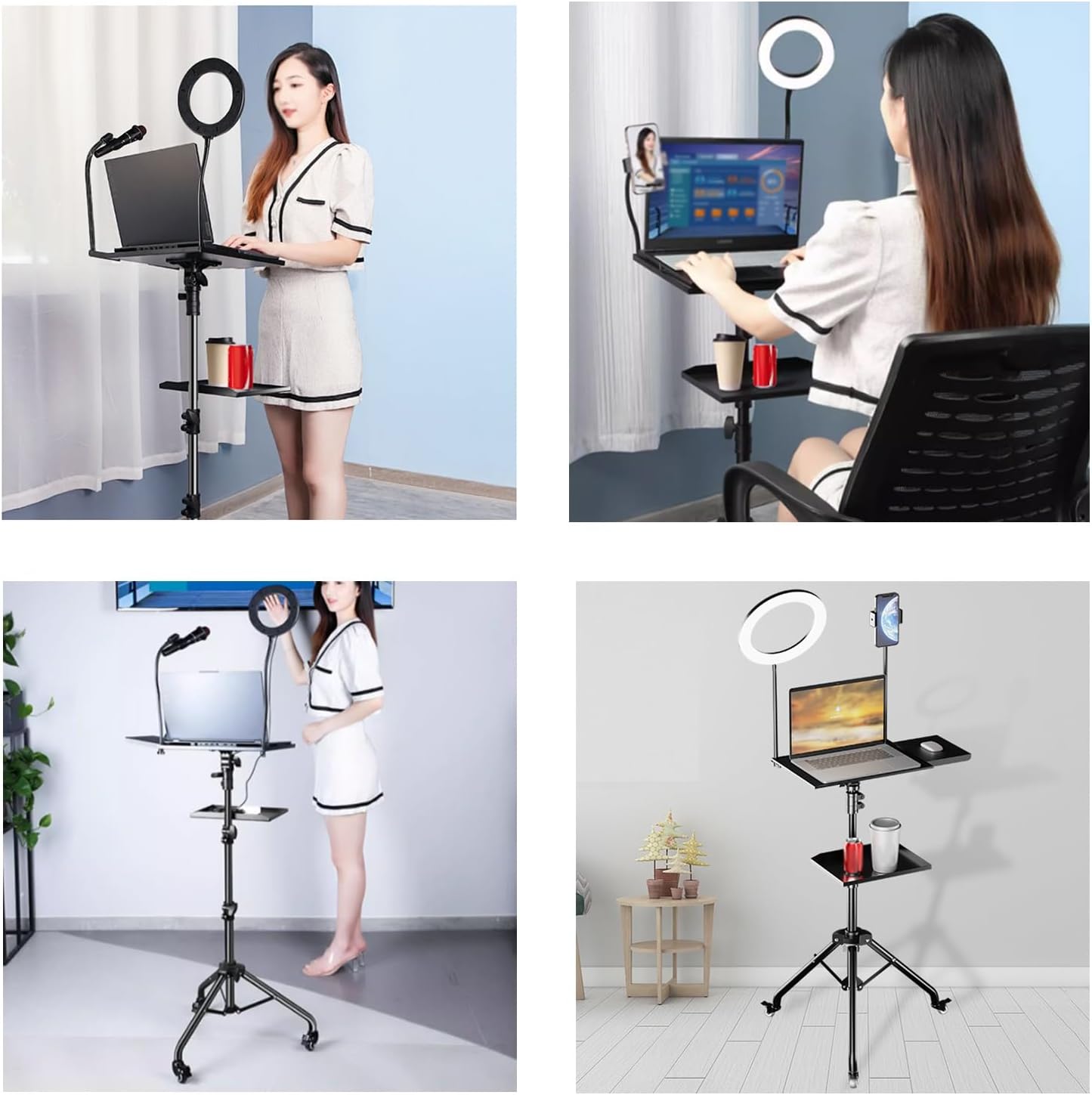Laptop Floor Stand,Floor Support Tripod,Liftable Aluminum Alloy Workbench,for Home Outdoor Office,with Additional Rollers