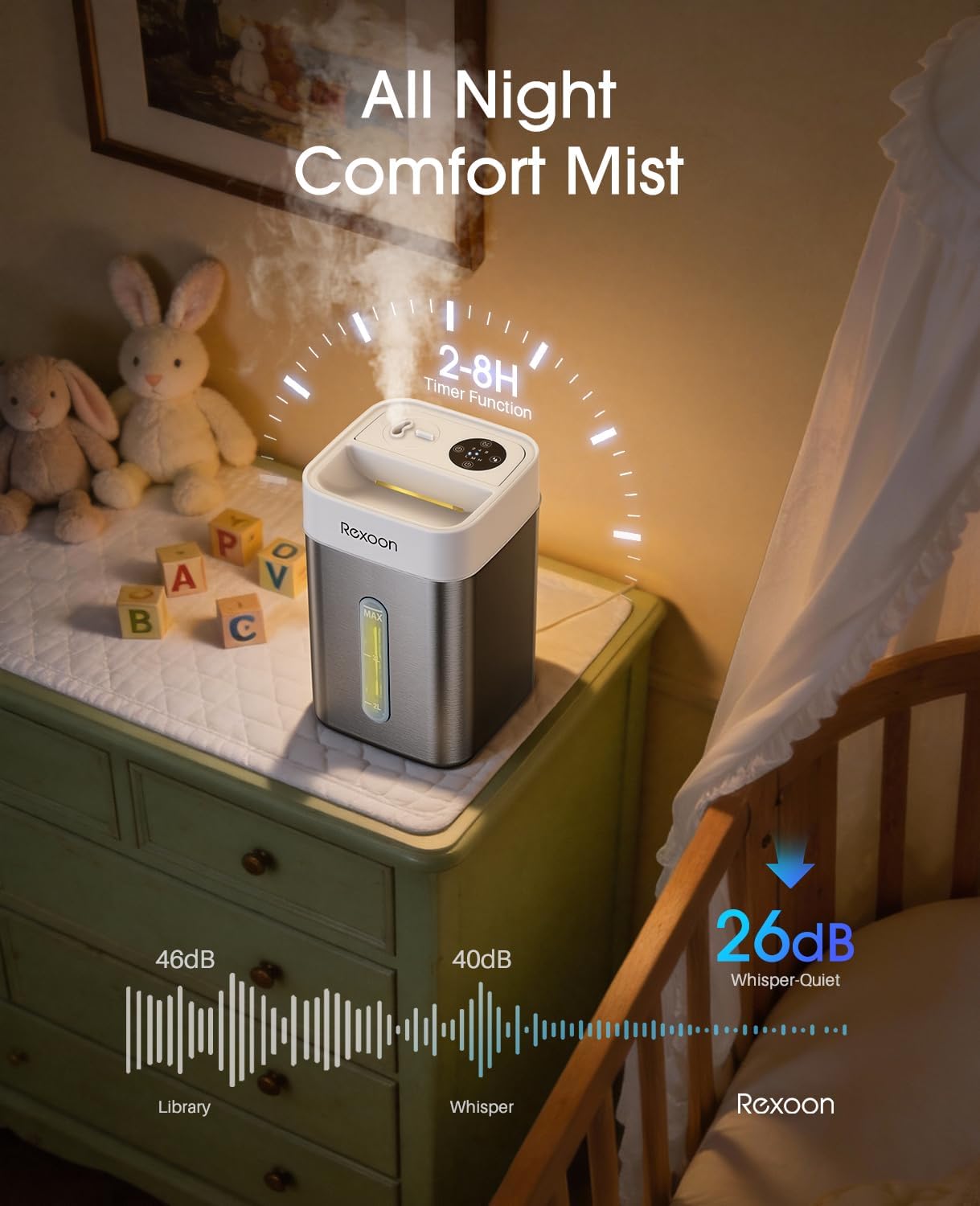 4.6L/1.2Gal Stainless Steel Humidifier for Bedroom, Top Fill Ultrasonic Cool Mist Humidifier Dishwasher Safe, Ultra-Low Noise, Sleep Mode, Humidifiers for Baby Nursery, Office & Indoor Plants