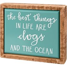 Mini Beach Box Sign from Primitives by Kathy, Best Things in Life are Dogs & the Ocean, Hand Lettered, Ocean Blue Enamel Finish with Wood Frame, 4.25" by 3.5", Designed for Wall or Tabletop Display