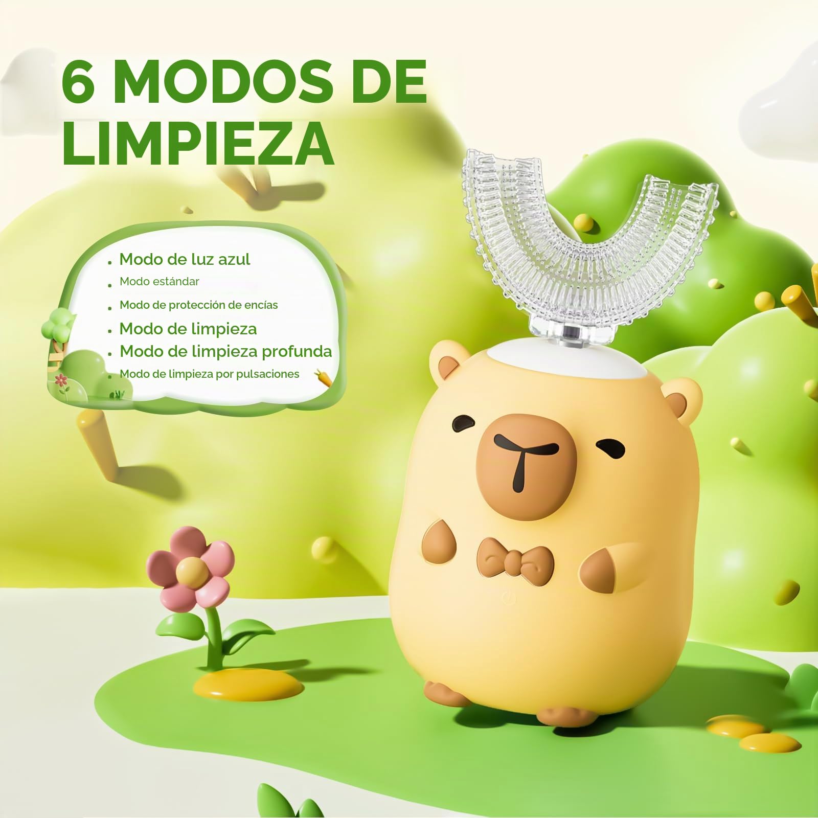 Cepillo de dientes eléctrico para niños en forma de U, con 6 cabezales de cepillo, limpieza de boca completa, cepillo de dientes automático sónico para niños pequeños con IPX7 impermeable