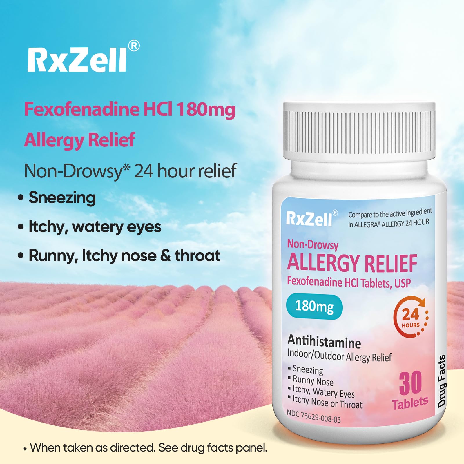 RXZELL Allergy Relief | Fexofenadine HCl 180mg, 24-Hour Antihistamine, Non-Drowsy (30 Count (Pack of 1)) — Amazon image 2
