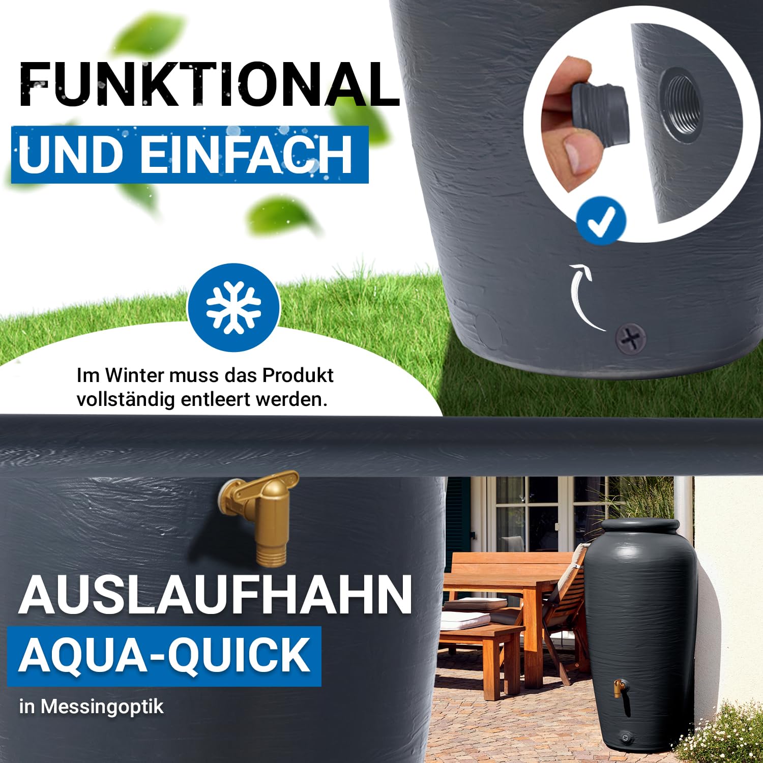 4rain Amphora Regentonne 220 Liter Graphitgrau Regenamphore mit Auslaufhahn | Anschluss-Set Frostsicherer Regenwassertank Regenwassertonne Wassertonne für Garten Wasserfass Amphoren-Optik