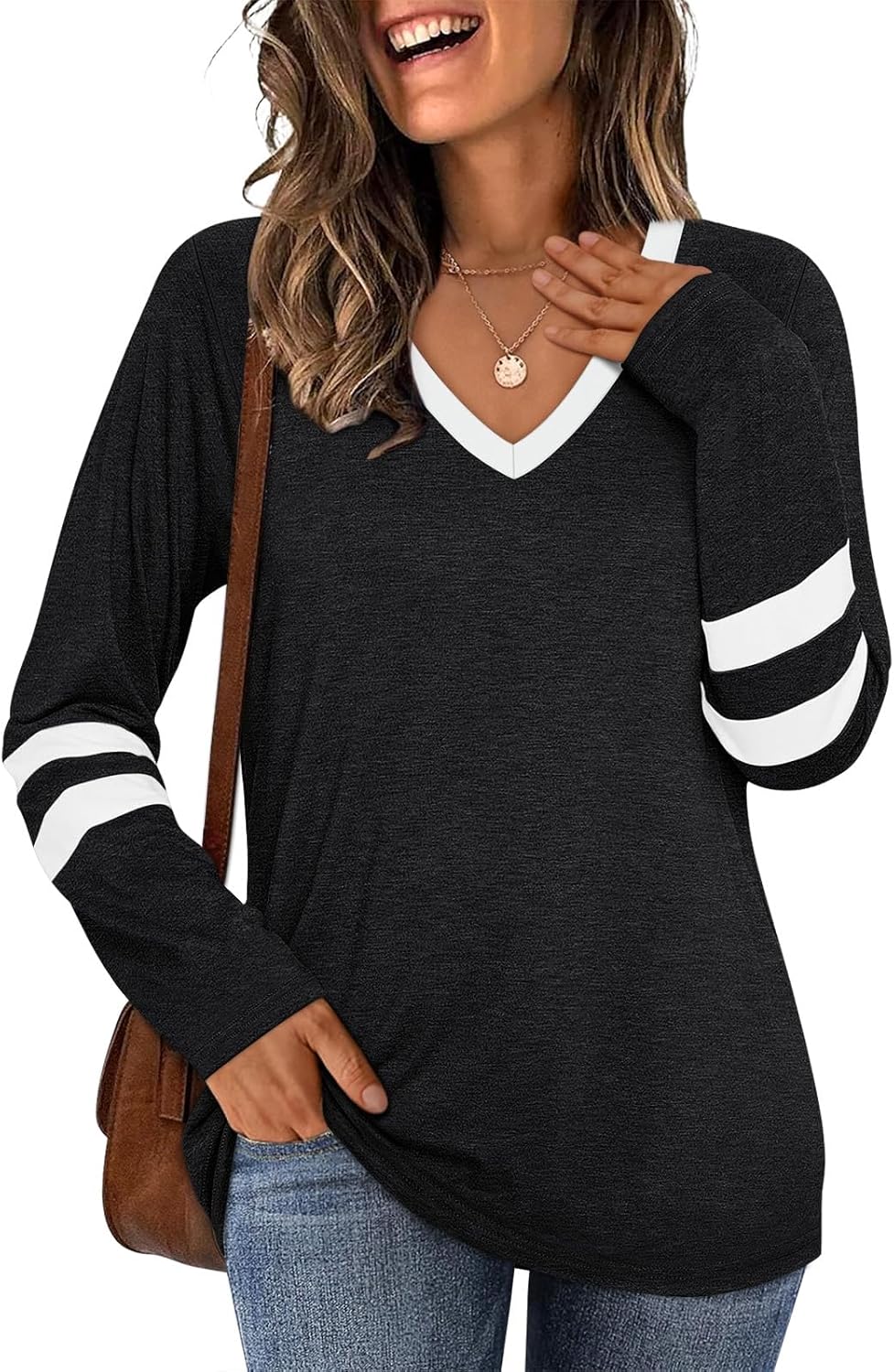 Womens Color Block Long Sleeves V Neck Tops Casual Basic Tees Dressy Casual Fashion Clothes Trendy Outfits
