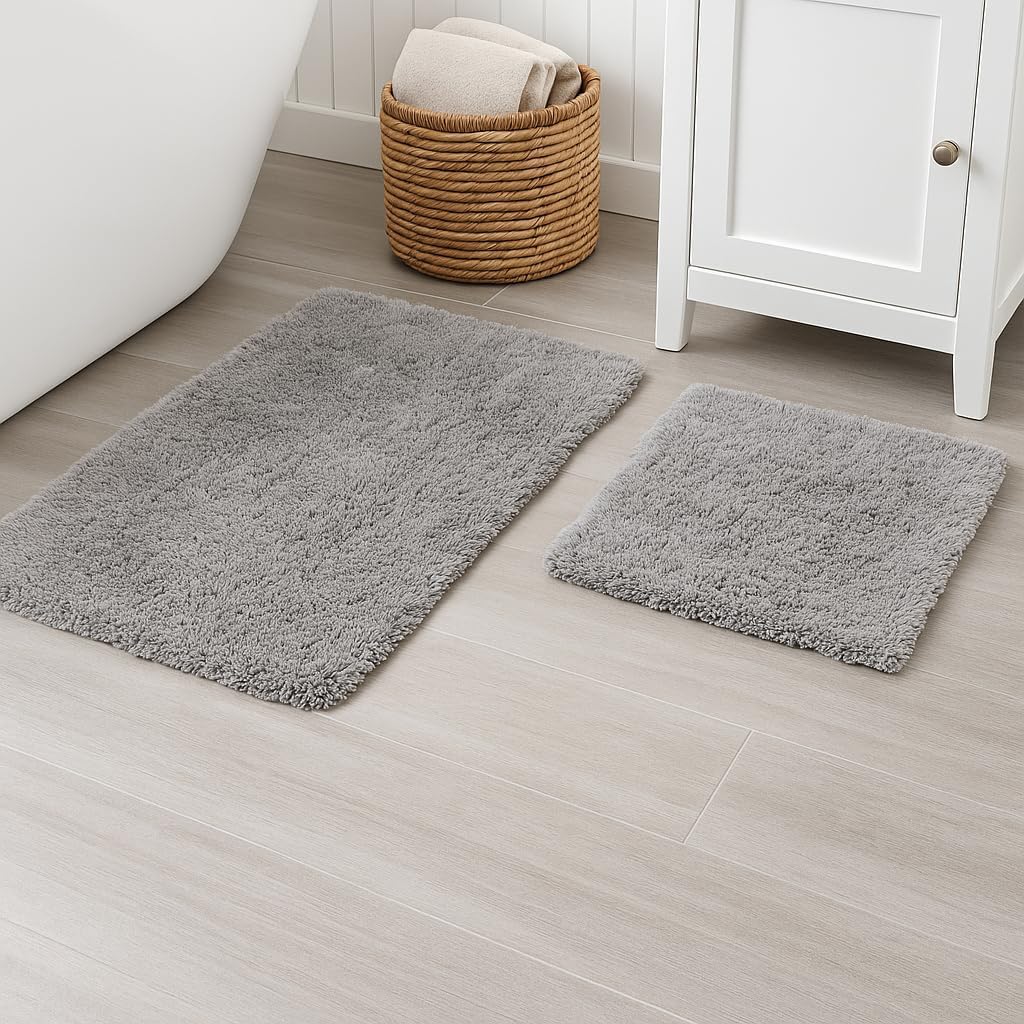 Bathroom Rugs Set 2-Piece – Extra Soft Rug, Bath & Shower Mat, Washable Rug, Floor Mats, Bath Decor, Accessories, Home Decor, Quick Dry, Non Slip Mat for Bathroom, 20"x32"+17"x24" Light Grey