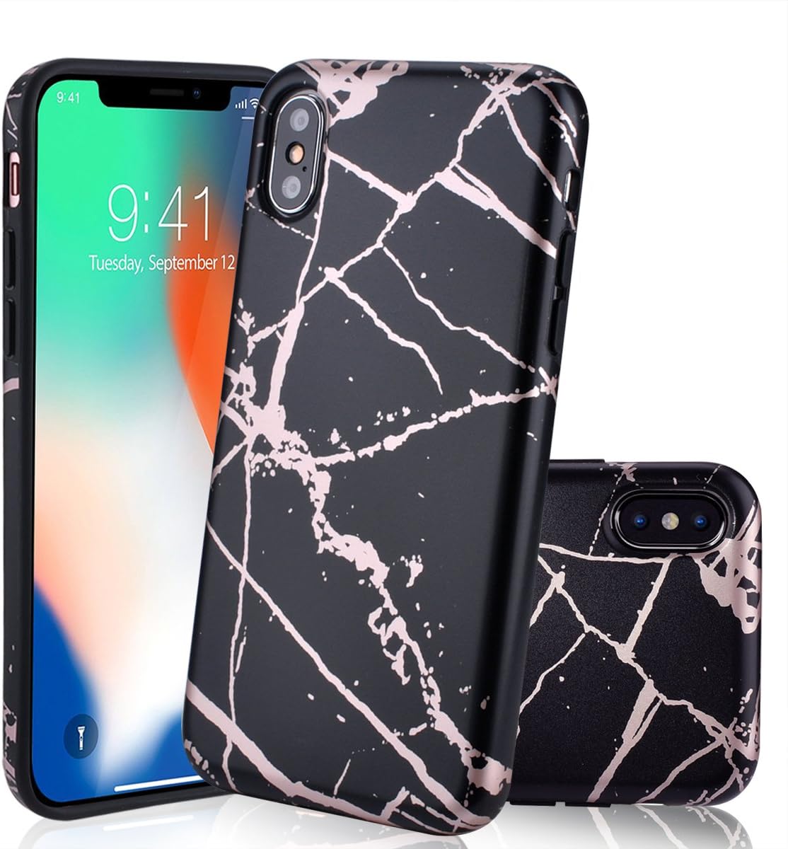 iPhone Xs Max Case, EUNSOUL [Shiny Rose Gold & Black Marble Design] Clear Thin Slim Fit Soft Matte TPU Protective Shockproof Bumper Phone Case Cover for Apple iPhone Xs Max (2018) - 6.5’’