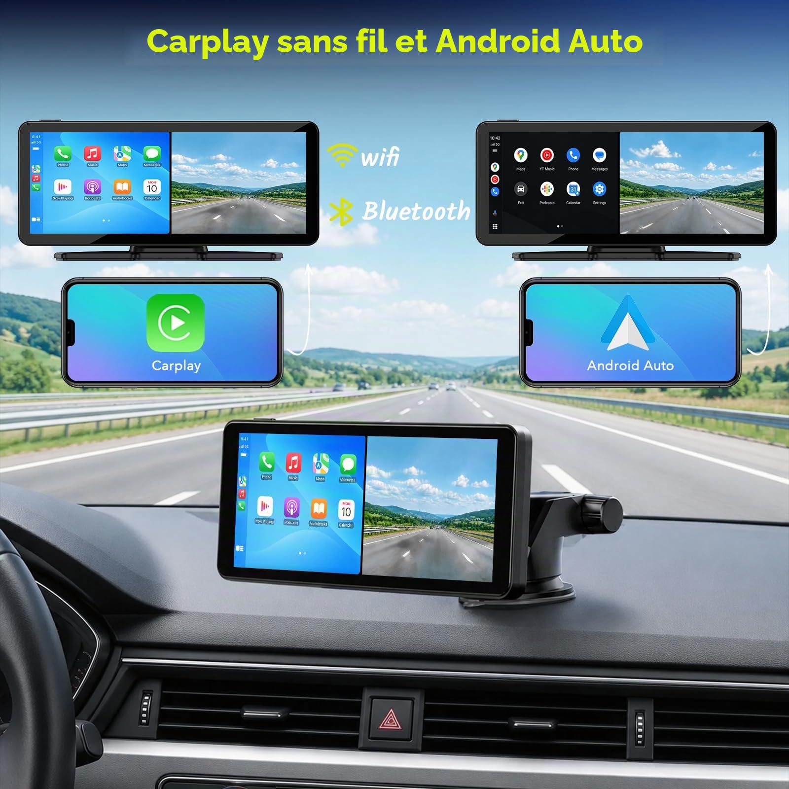 LAMTTO Ecran Carplay Voiture & Android Auto sans Fil avec Dashcam 2,5K + 1080P, Écran Tactile HD Portable de 6,86 Pouces, Car Play avec Commande Vocale, Navigation, Bluetooth, FM, AUX, Carte 64 Go